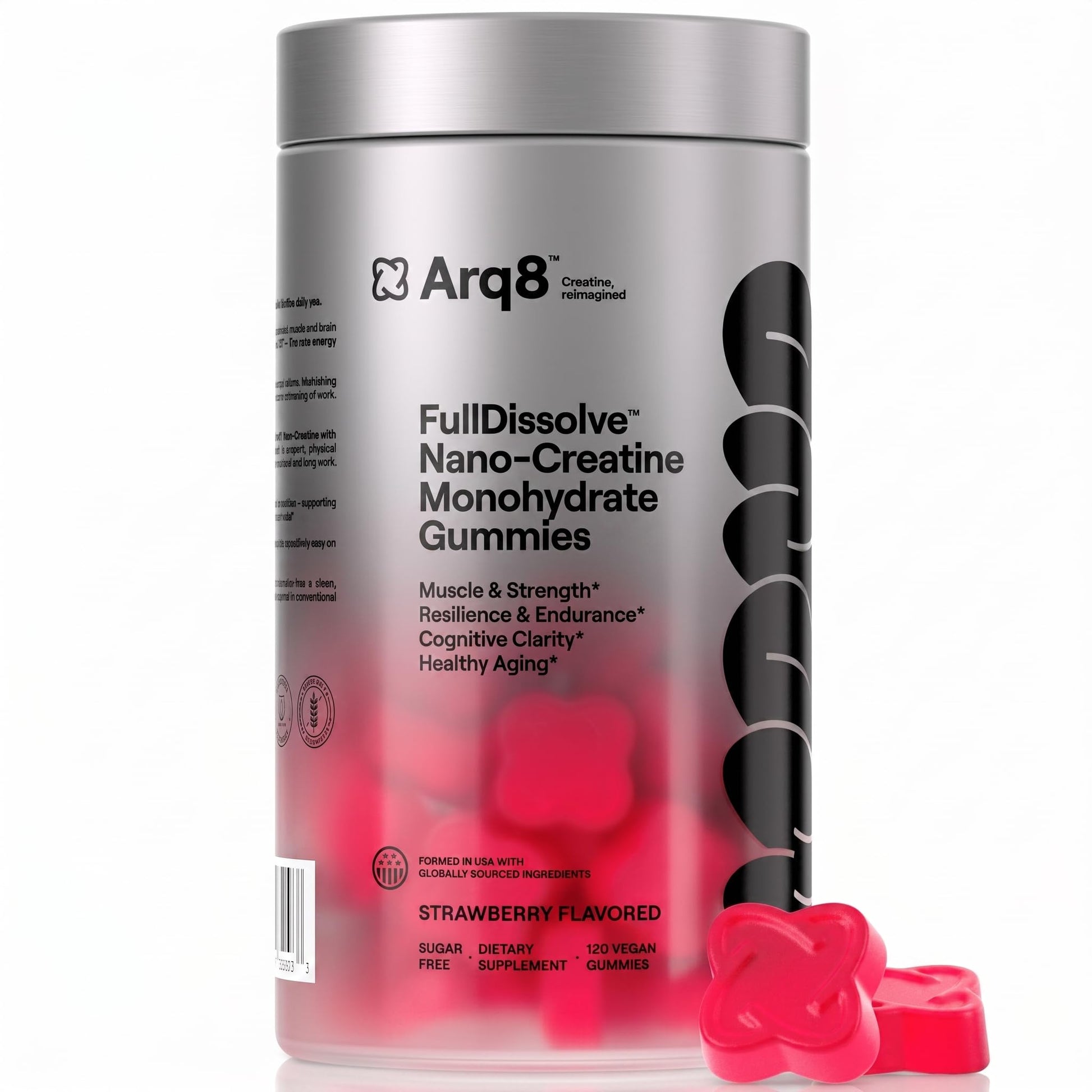 ARQ8 LONGEVITY Creatine Monohydrate Gummies 5000 mg per Serving, Strawberry Flavored, Sugar Free, Vegan, 120 Gummies