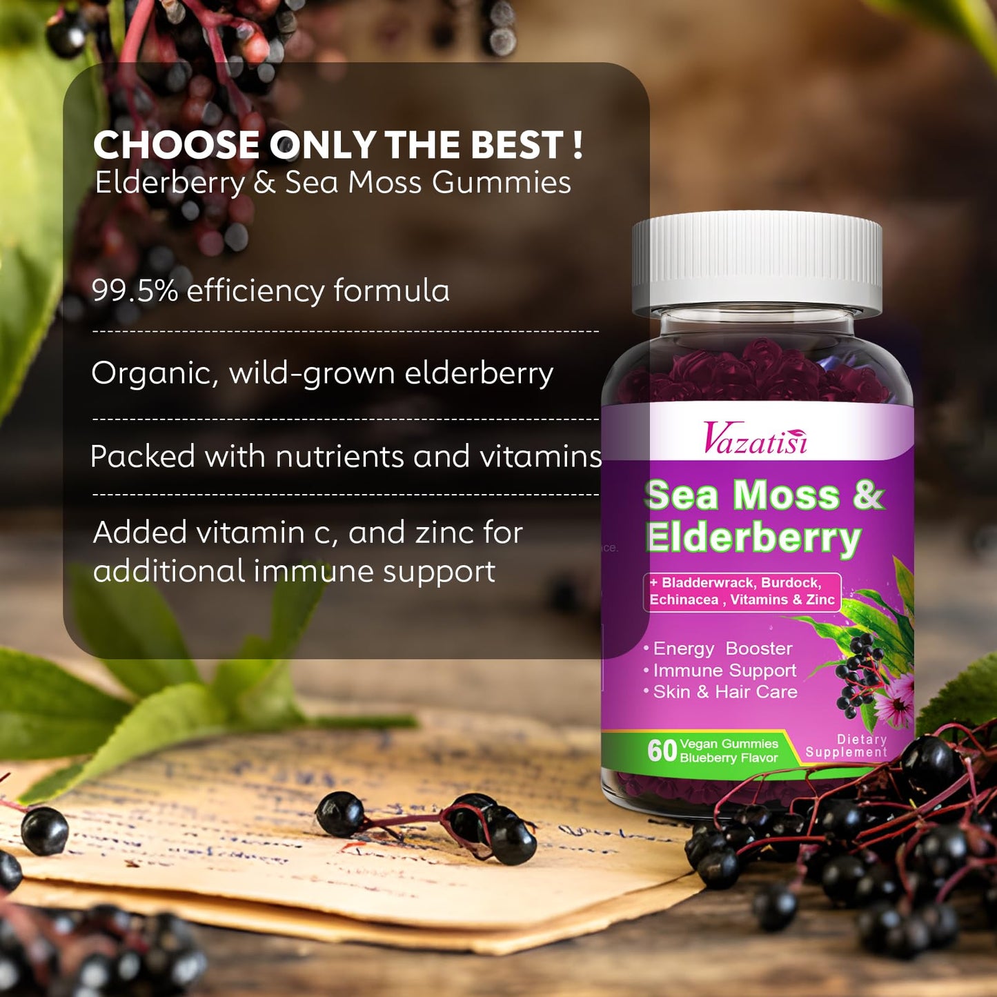 Vazatisi Elderberry Gummies with Sea Moss, Extra Strength Elderberry with Vitamin C, Zinc for Immune Support, Blueberry Flavor, 120 Gummies