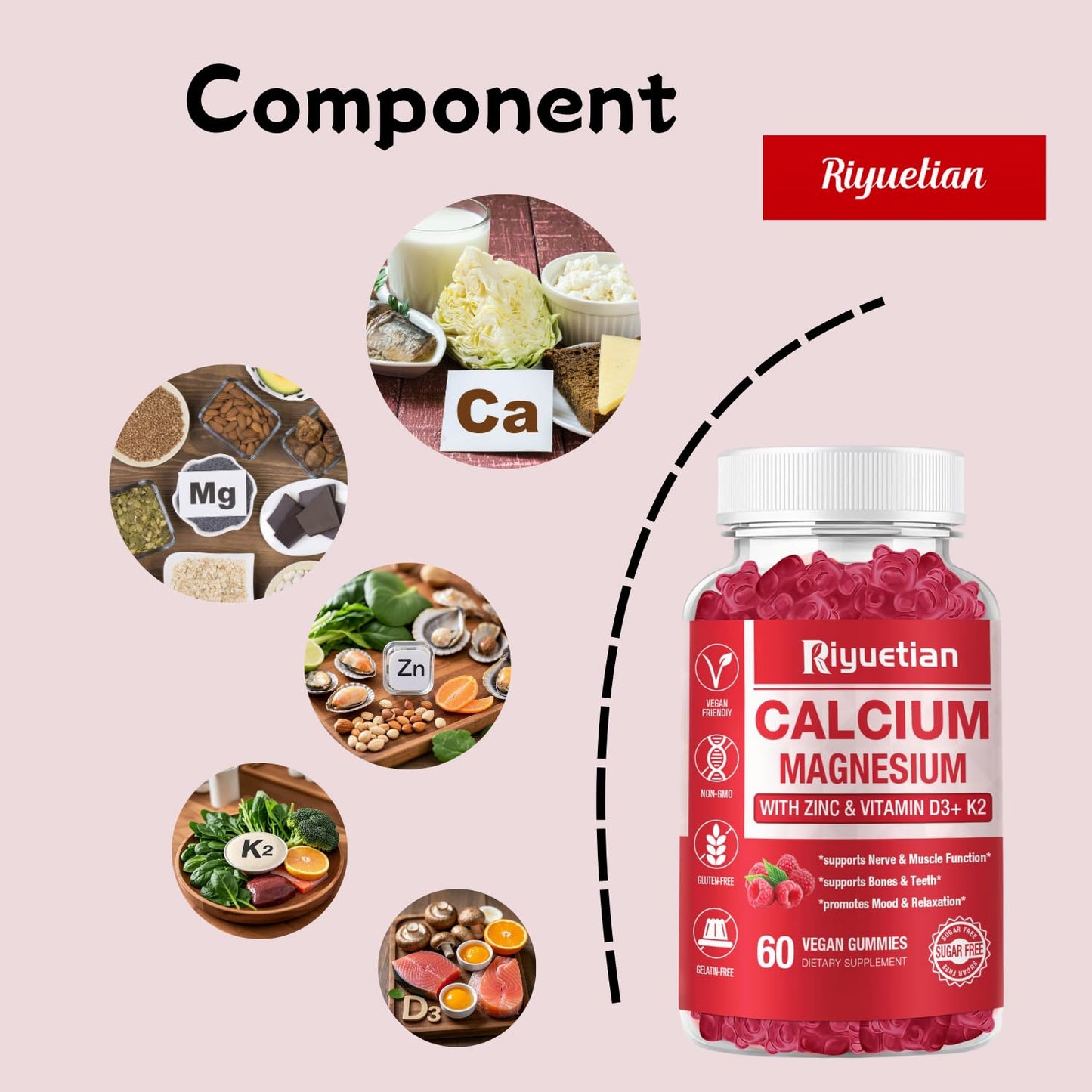 Riyuetian Calcium Gummies + Magnesium & Zinc with Vitamin D3 & K2, High Absorption Calcium Supplement for Bone, Teeth & Immune Support, Non GMO, Vegan, Gummy, 60 Count