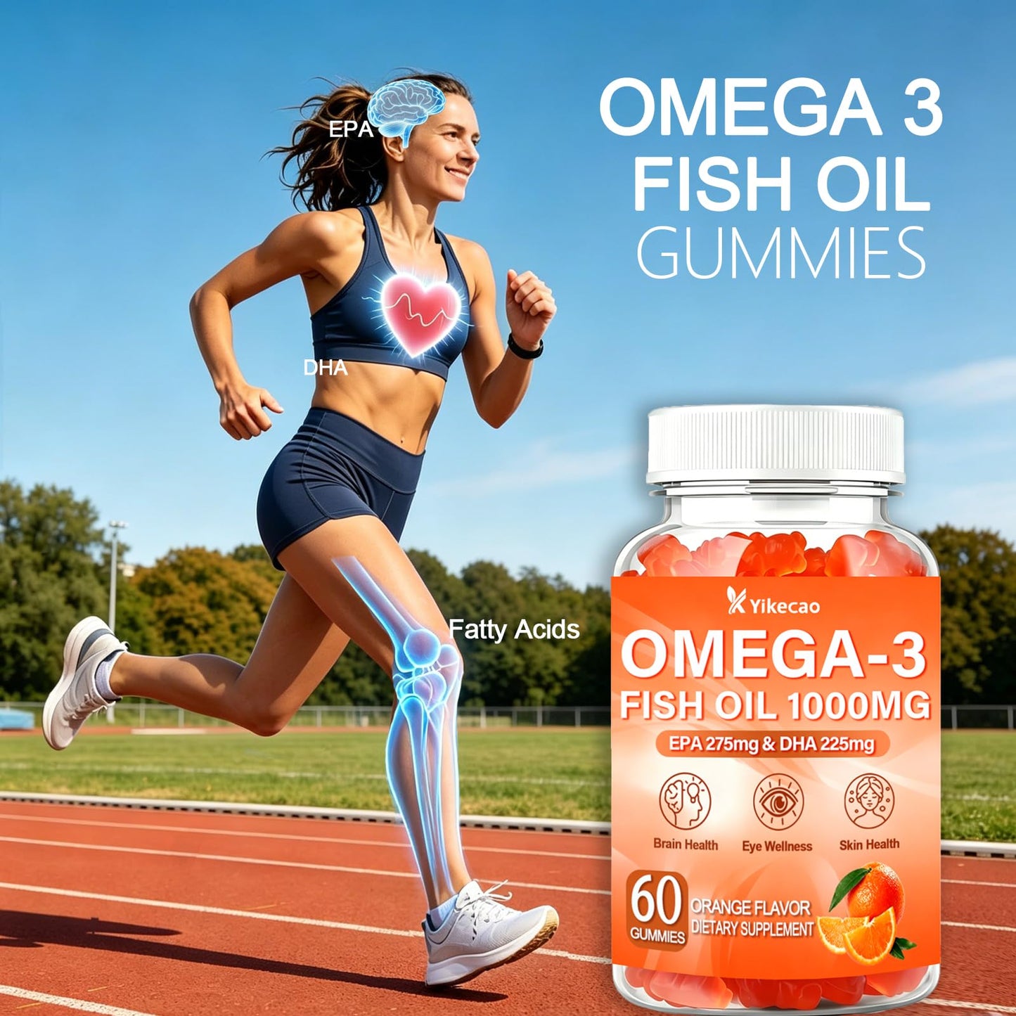 Yikecao Omega 3 Fish Oil Gummies 1000mg with DHA & EPA, 60 Gummies