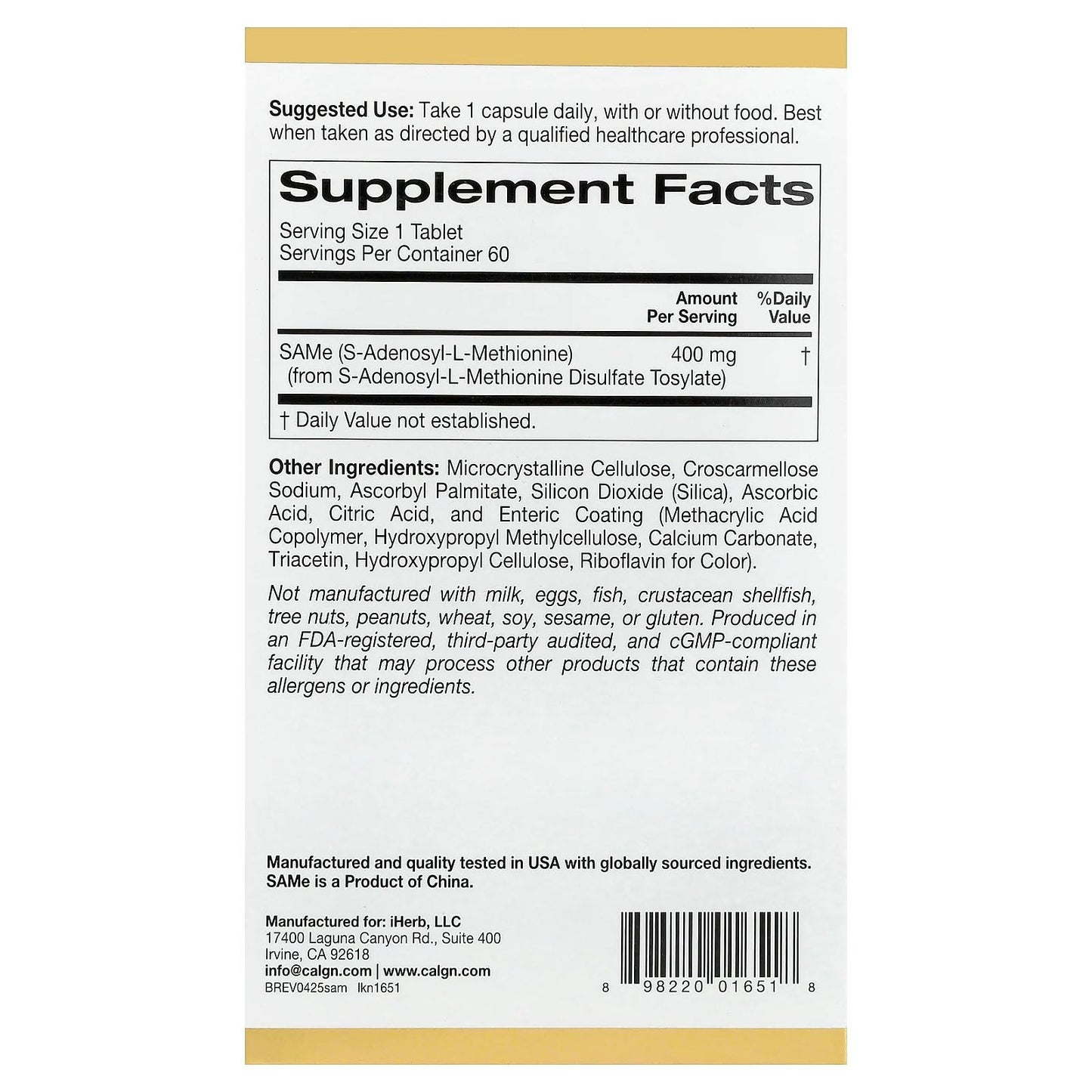 Lake Avenue California Gold Nutrition Same, Disulfate Tosylate, 400 mg Enteric Coated Tablets, 60 Tablets