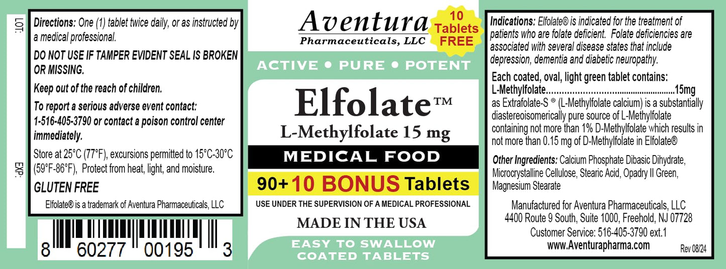 ELFOLATE L-Methylfolate (15 mg) Tablets 100 Count