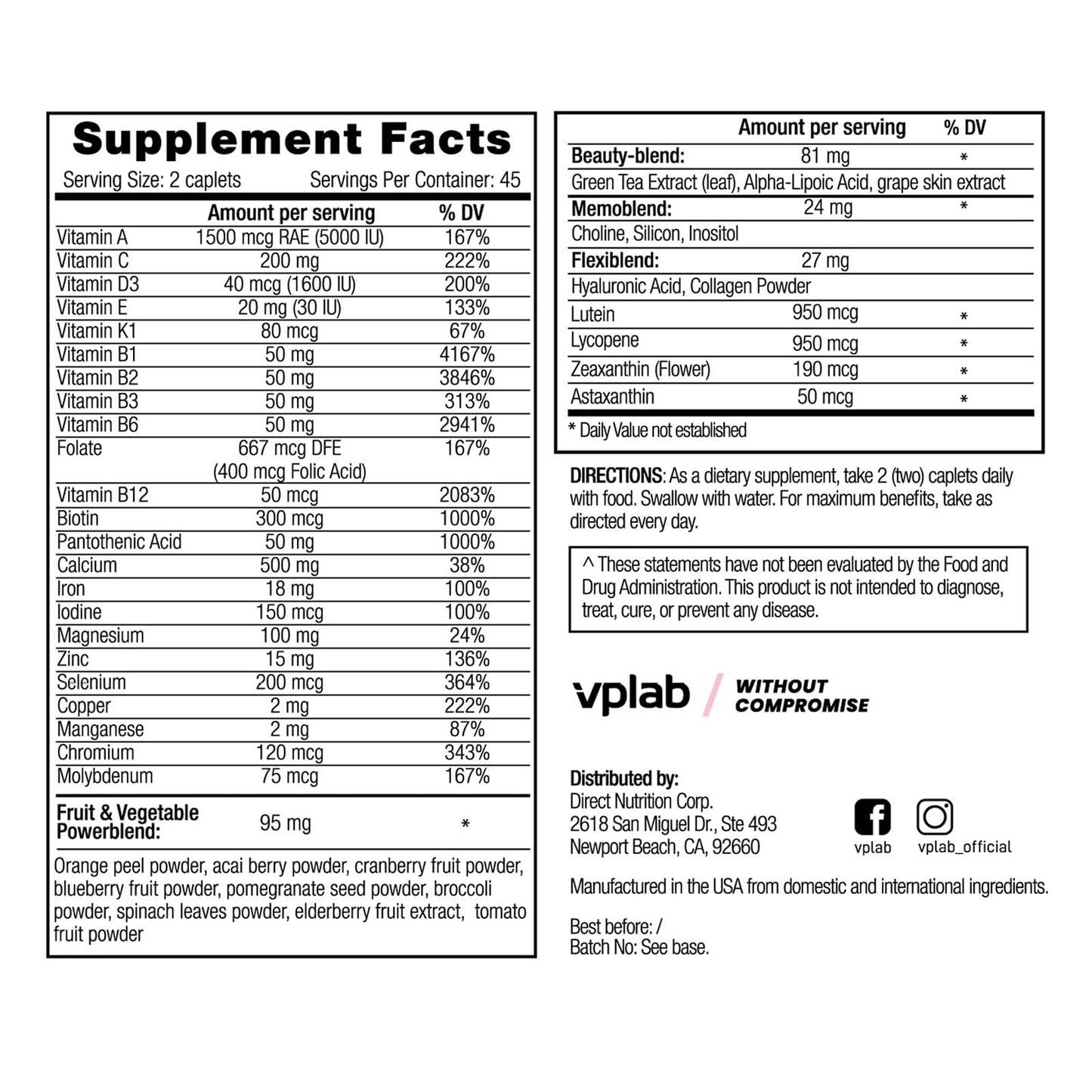 VPLab Nutrition Ultra Women's Multivitamin Formula Caplets, 90 Count
