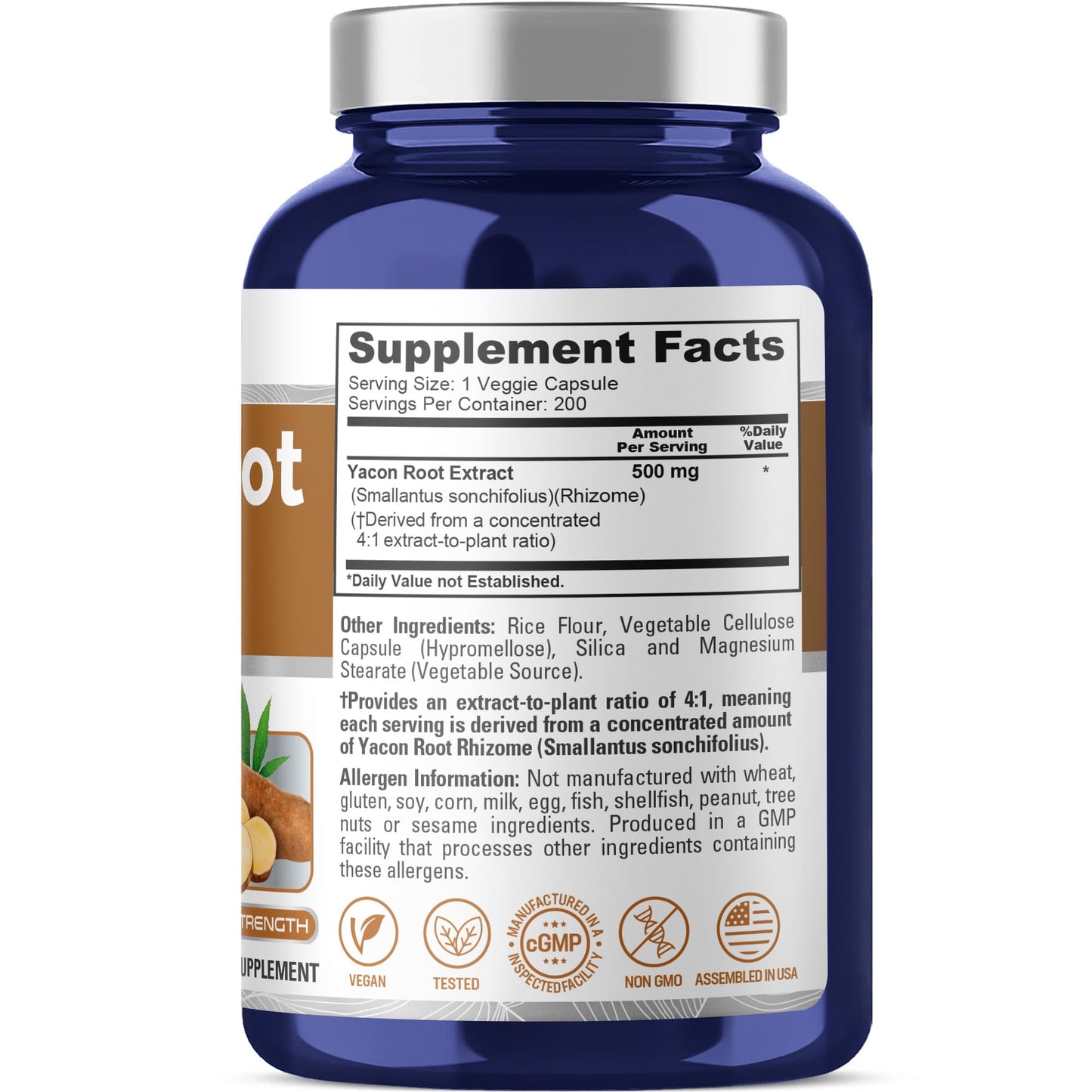 NusaPure Yacon Root Non-GMO Vegan 500mg Capsules, 200 Count