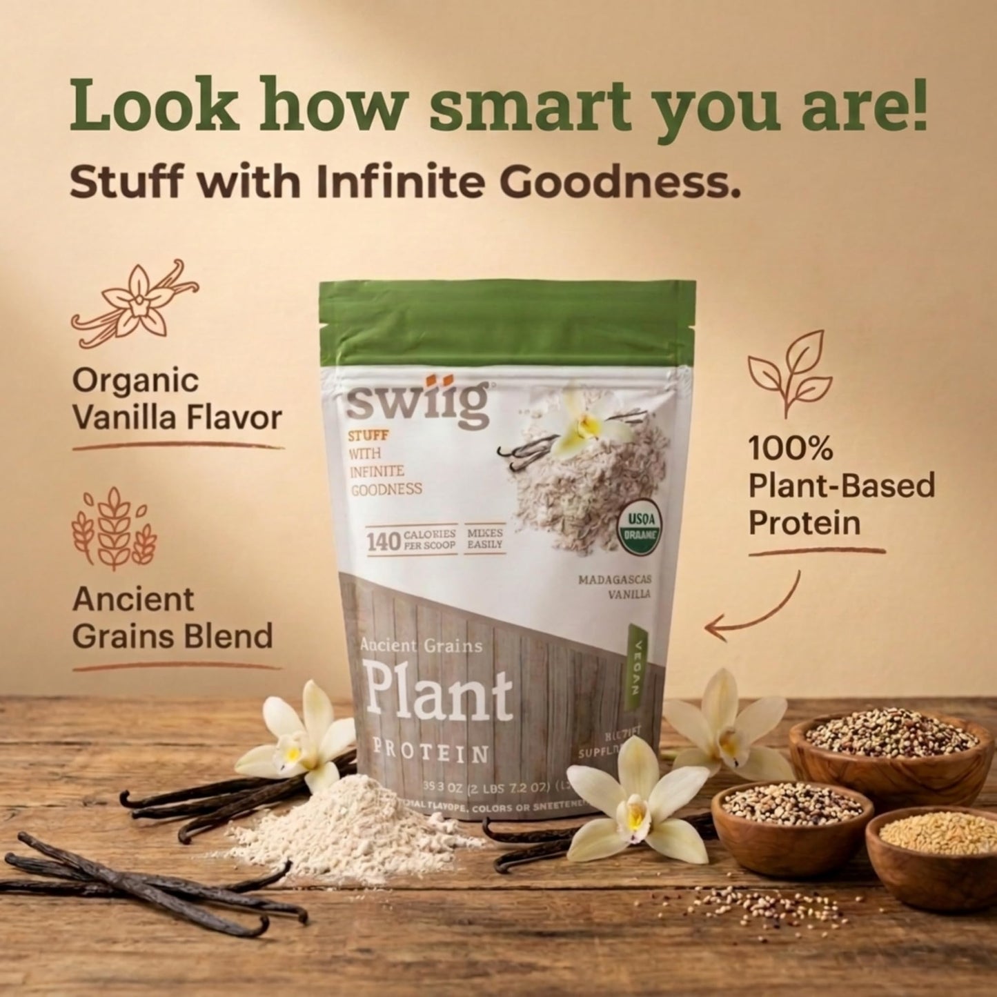 swiig Organic Plant Protein Powder – Vegan Plant Based Protein, Ancient Grains Protein Blend, Vanilla, 2.7 lb
