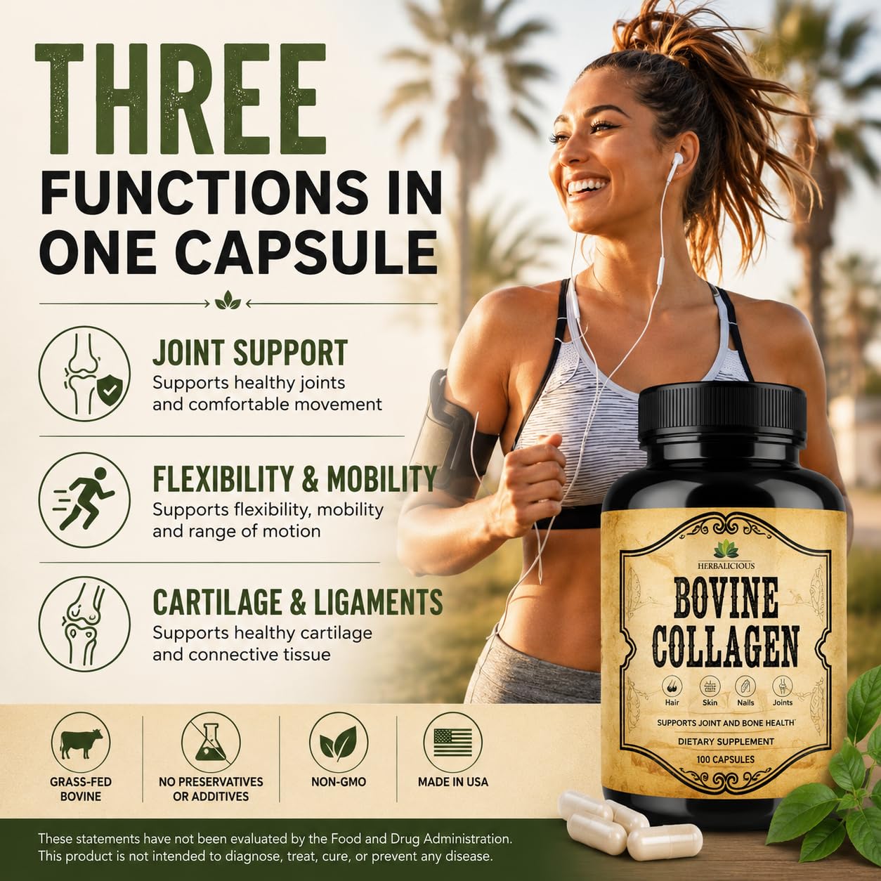 HERBALICIOUS Bovine Collagen Supplements for Men and Women 100 Capsules