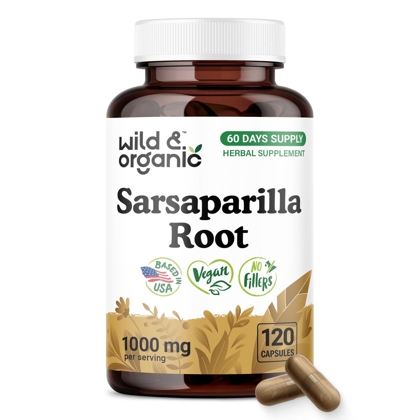 Wild & Organic Sarsaparilla Root 1000mg Capsules, Skin & Detox Support, 120 Count