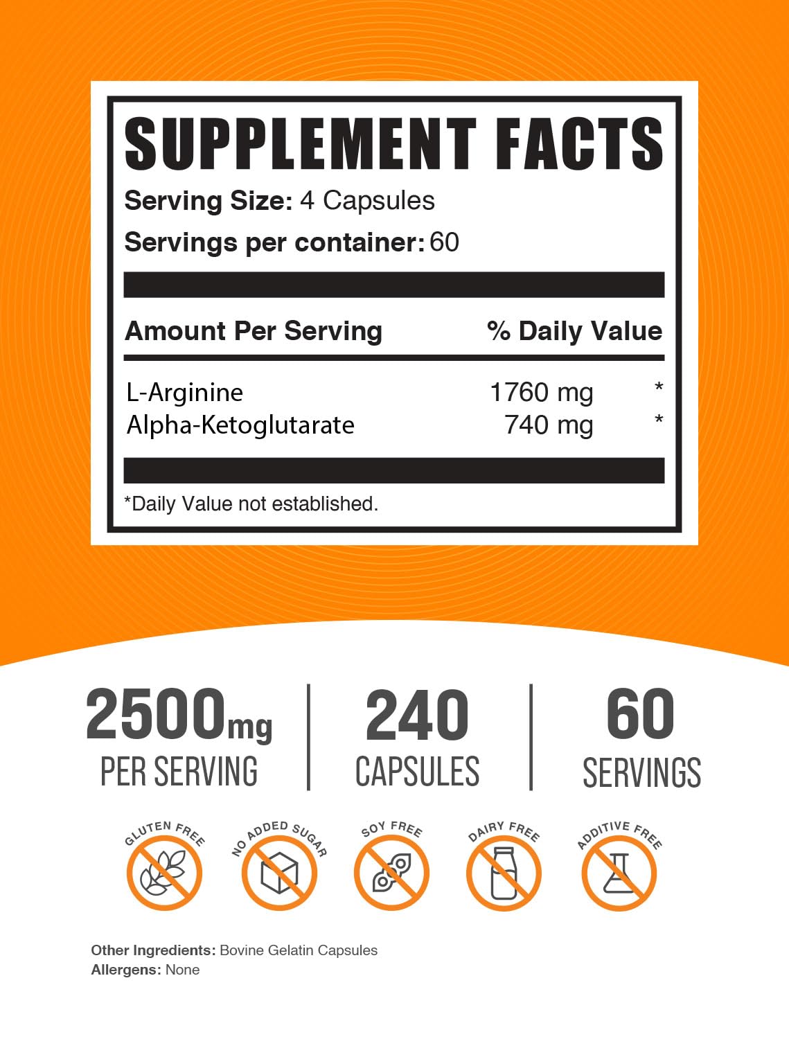 BulkSupplements AAKG Capsules - L-Arginine Supplement, Nitric Oxide Supplement, 240 Count