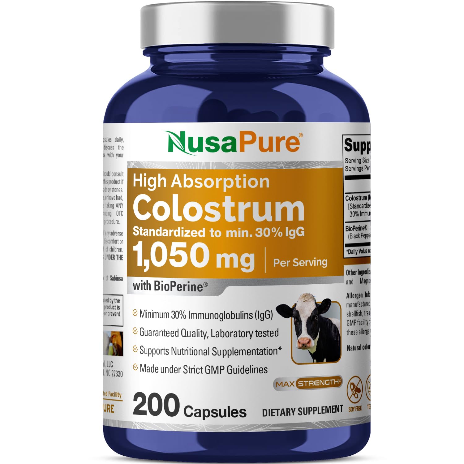 NusaPure Colostrum 1050mg 30% IgG Capsules, 200 Count, Non-GMO, Soyfree, Bioperine