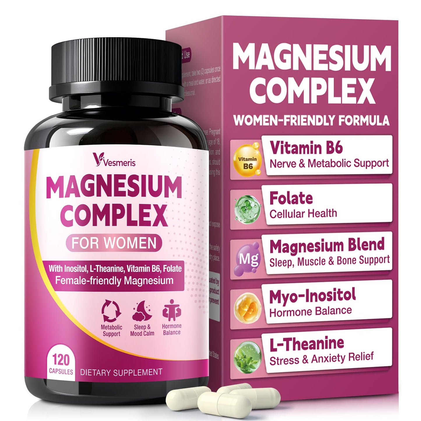 Vesmeris Magnesium Complex for Women, 10 in 1 Magnesium Blend with Magnesium Glycinate, Vitamin B6, Myo-Inositol, L-Theanine, Folate – Relax, Muscle Support, Calm Mood & Hormone Balance, Vegan, 120 Capsules
