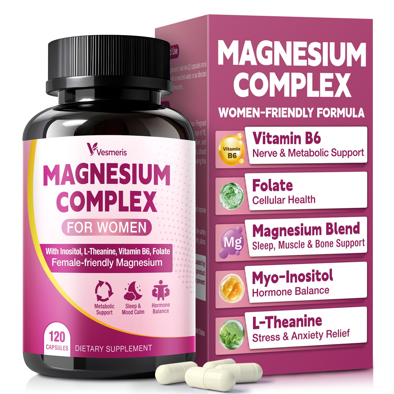Vesmeris Magnesium Complex for Women, 10 in 1 Magnesium Blend with Magnesium Glycinate, Vitamin B6, Myo-Inositol, L-Theanine, Folate – Relax, Muscle Support, Calm Mood & Hormone Balance, Vegan, 120 Capsules