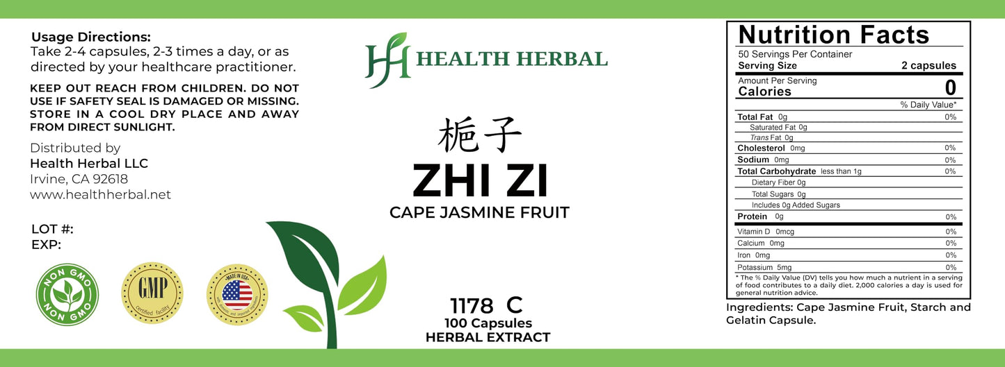 Health Herbal Zhi Zi/Cape Jasmine Fruit Capsules 100