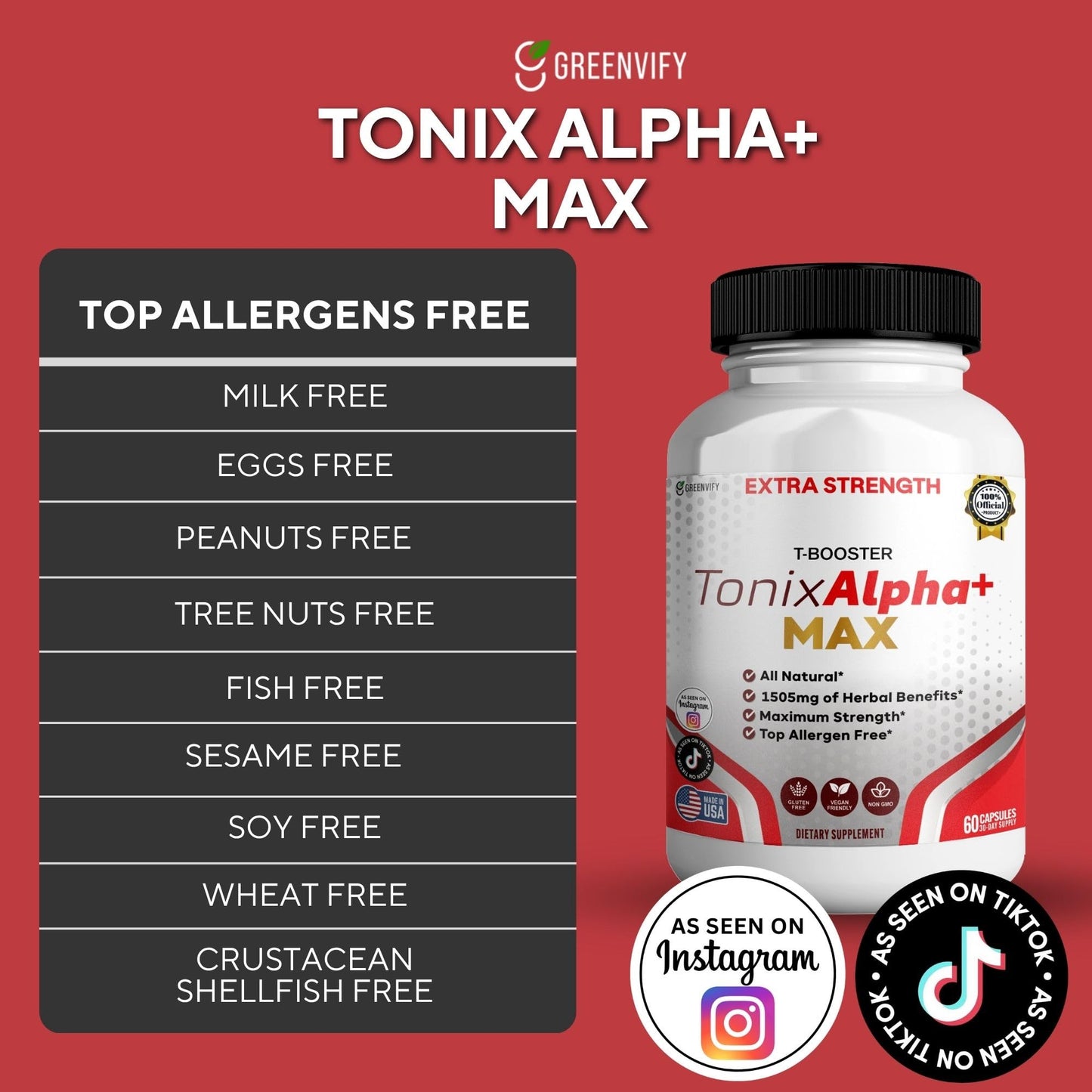 GREENVIFY Tonix Alpha+ Max T-Booster Supplement, 60 Capsules