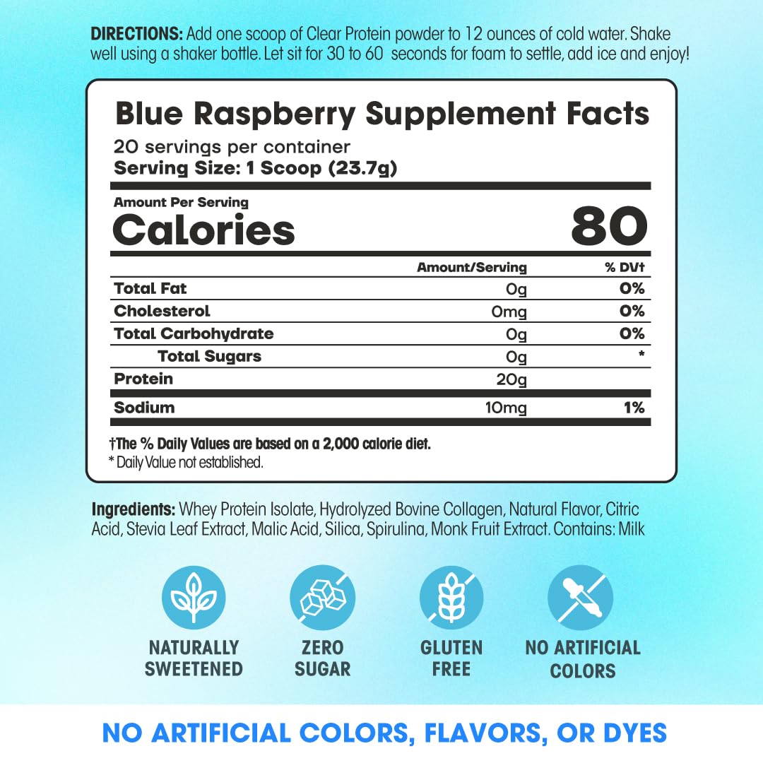 Fit & Lean Clear Protein Powder with Whey Isolate Protein and Collagen, Grass Fed, Blue Raspberry, 16.7 oz
