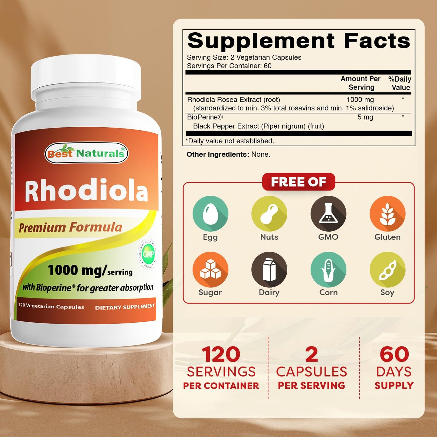 Best Naturals Rhodiola with Bioperine 1000mg Capsules, 120 Count