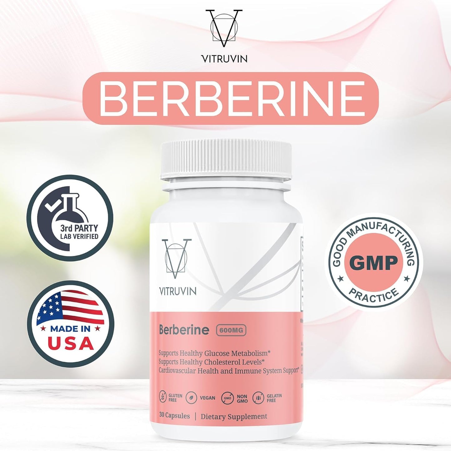 VITRUVIN Berberine 600mg Capsules, 30 Count