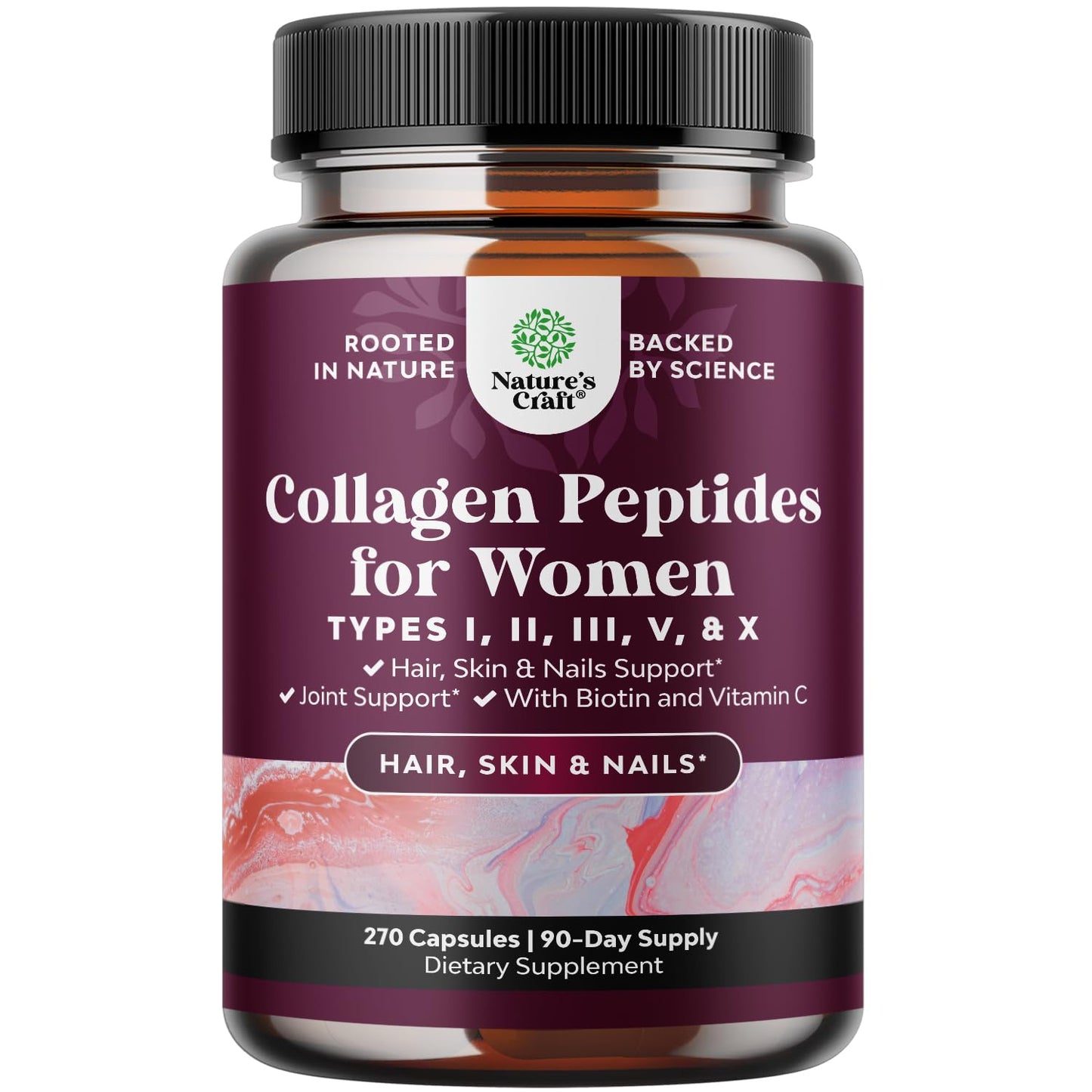 Natures Craft Advanced Multi Collagen Complex Ageless Multi Collagen Peptides with Type 1, 2, 3, 5 & X & Biotin Capsules 270