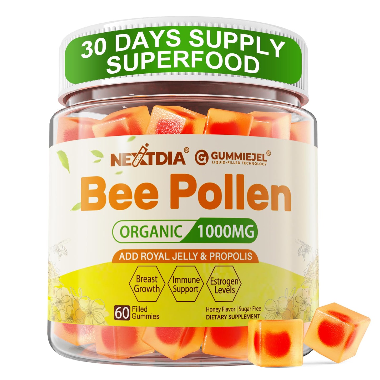Nextdia Bee Pollen Gummies Organic 1000mg with Propolis & Royal Jelly, 60 Count