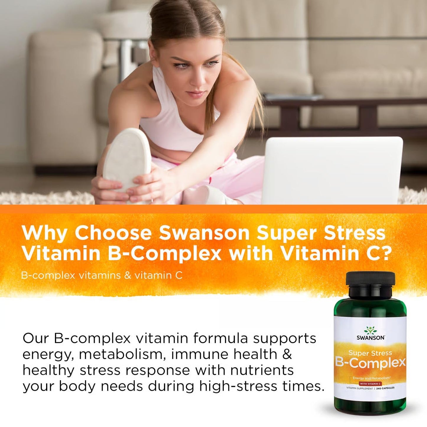 Swanson Super Stress B-Complex Energy and Wellness Supplement for Busy Adults Seeking Daily Vitamin B Support, 480 Capsules
