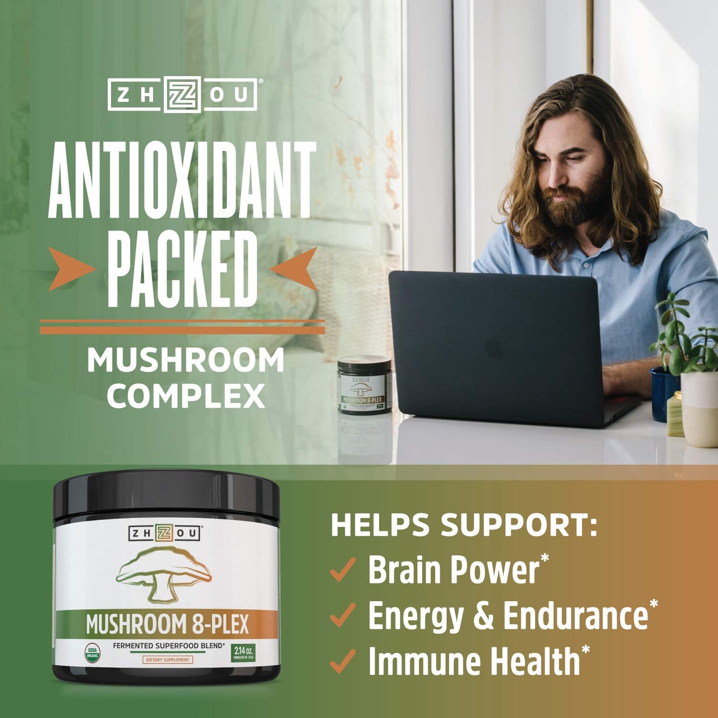ZHOU Mushroom 8-Plex Mushroom Supplement Powder 2.14 oz