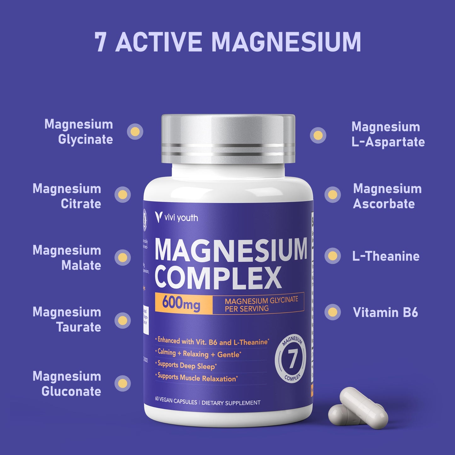 VIVI Youth Magnesium 7 Complex for Women 1600mg Magnesium Glycinate 600mg High Absorption Magnesium with Citrate, Malate, Chelate, Taurate, Gluconate, Aspartate & Ascorbate for Sleep 60 Capsules