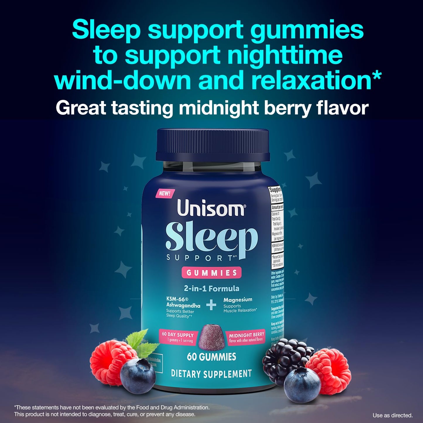 Unisom Sleep Support Gummies, 2-in-1 Magnesium Ashwagandha Drug-Free Formula, Midnight Berry Flavor, 60 Count