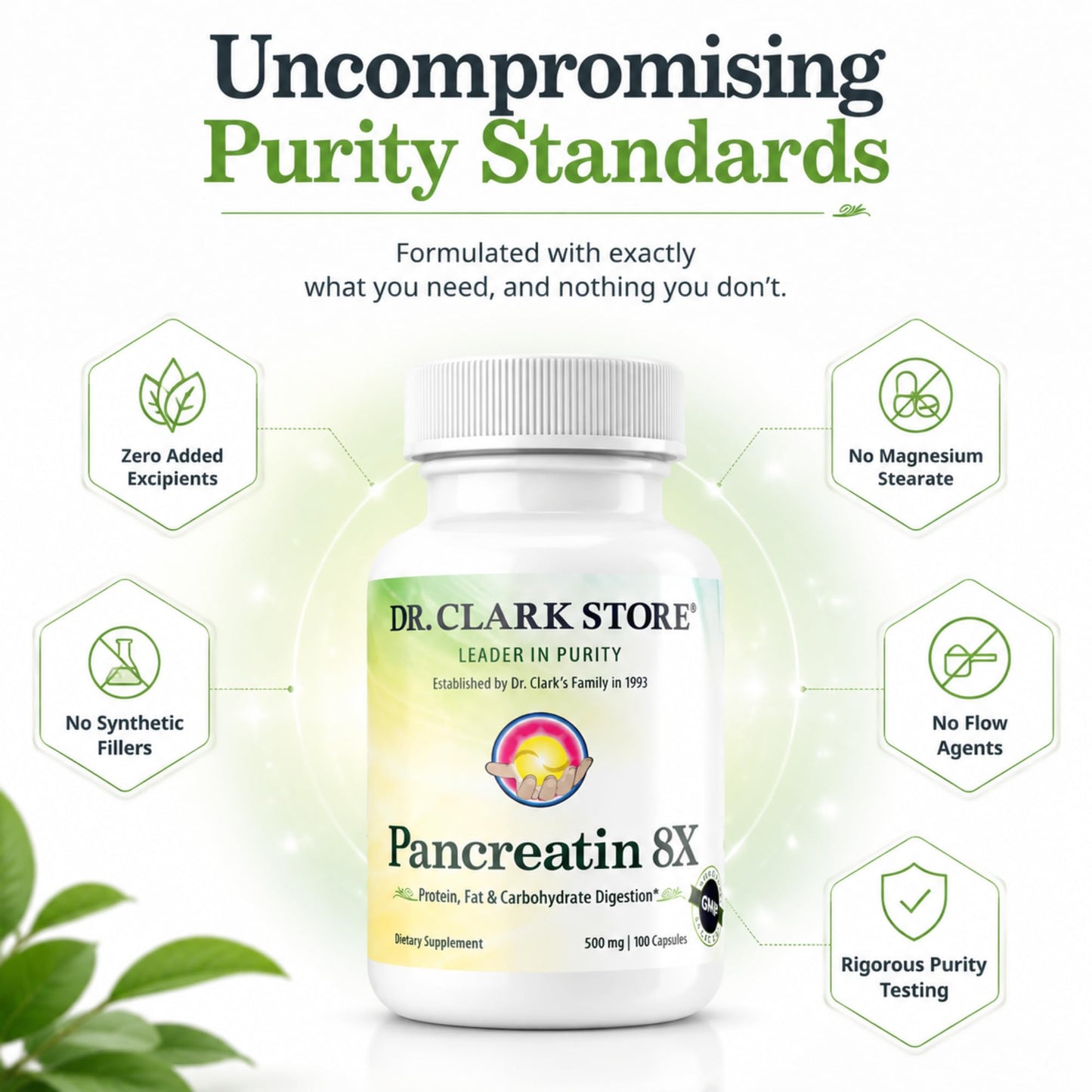Dr Clark Store Pancreatin 8X Enzyme Supplement 500mg Capsules, 100 Count