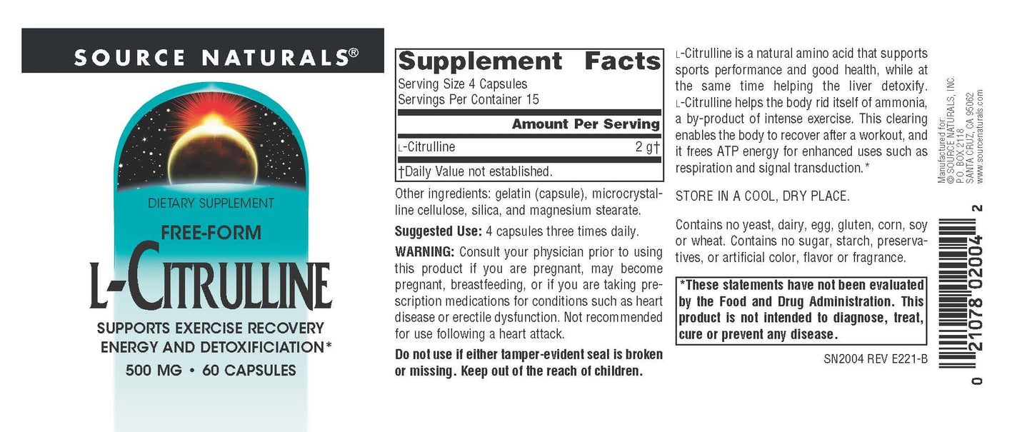 Source Naturals Free-Form L-Citrulline 500 mg Capsule, 60 Capsules
