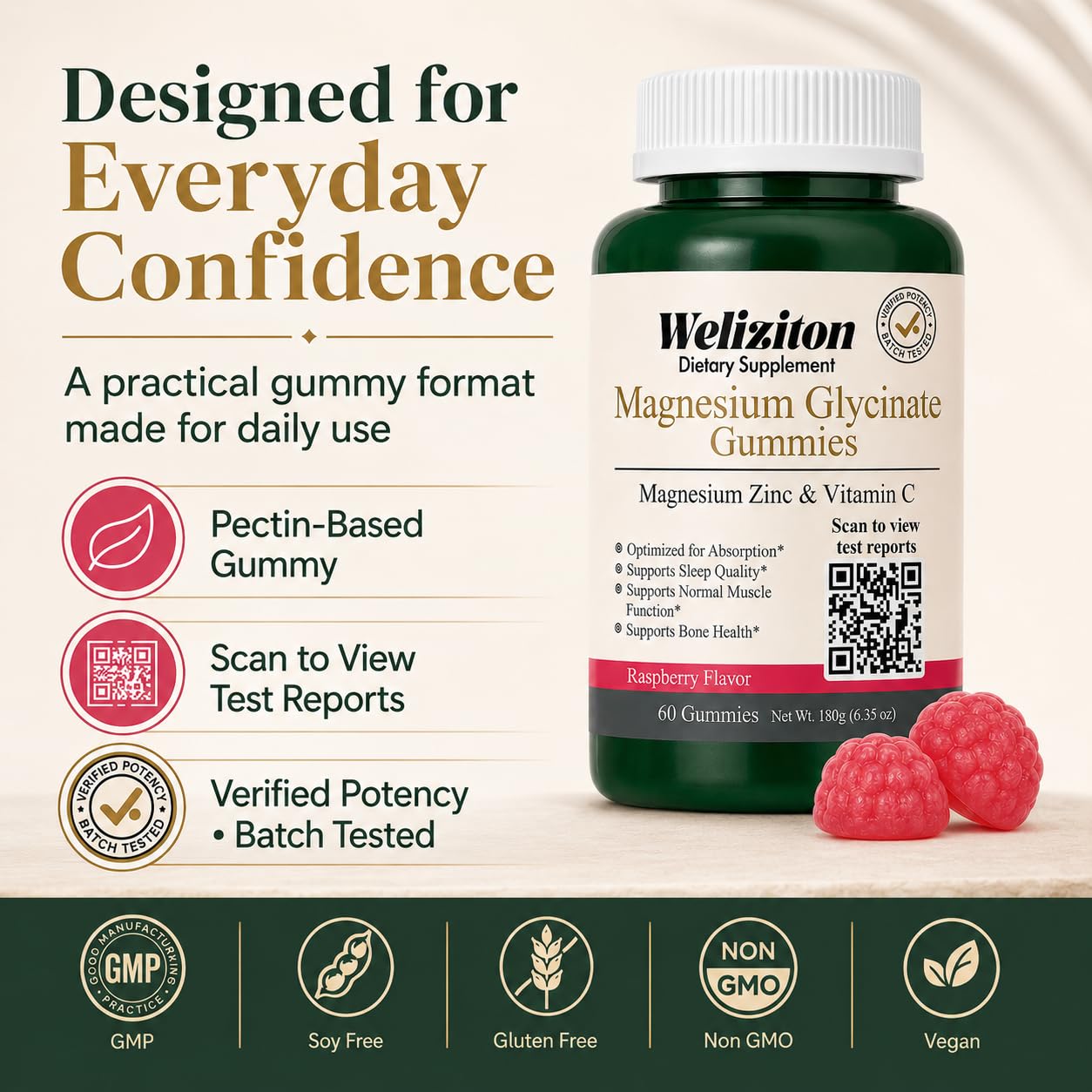 Weliziton Magnesium Glycinate Gummies 100mg, 60 Count