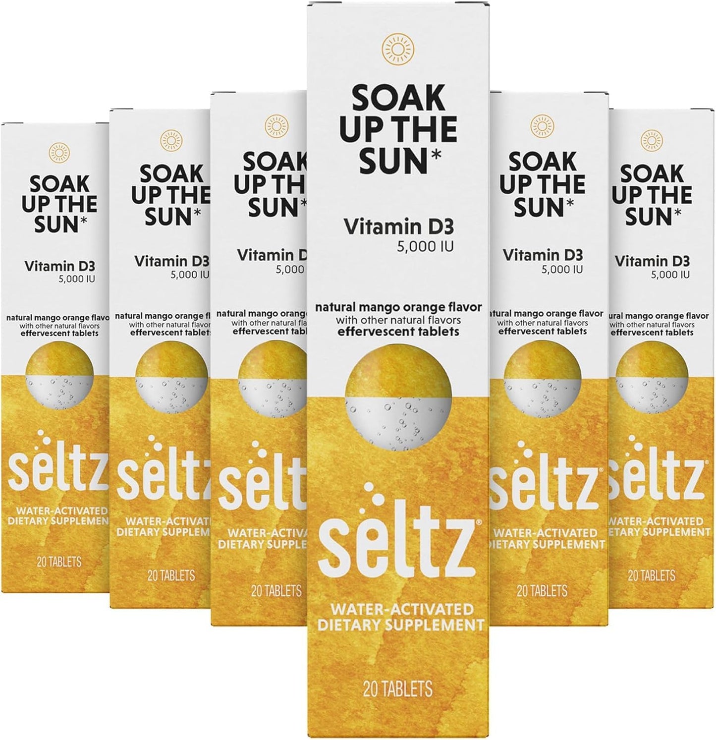 Seltz Soak Up The Sun Effervescent Vitamin D3 5,000 IU Tablets - Mango Orange Flavor, No Sugar Added, 20 Tablets