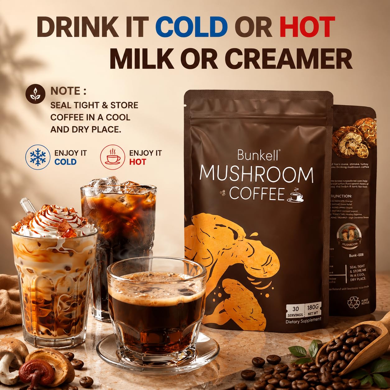 Bunkell Mushroom Coffee Powder with 6 Adaptogenic Mushrooms (Lion's Mane, Reishi, Cordyceps, Shiitake, King Trumpet & Turkey Tail) 6.35 Ounce