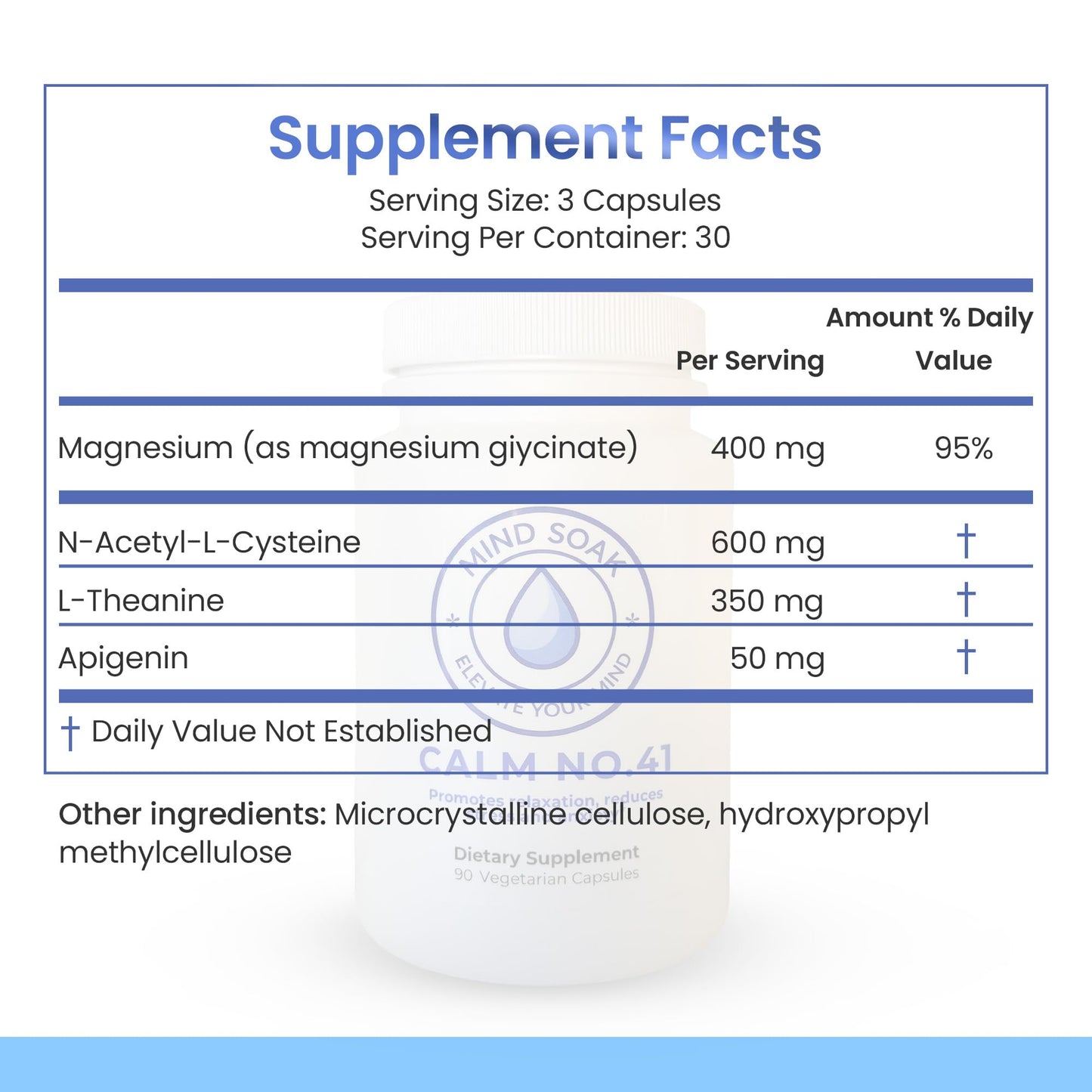 Mind Soak Calm No. 41 Magnesium Glycinate & L-Theanine Stress Relief Supplement with NAC and Apigenin, 90 Capsules