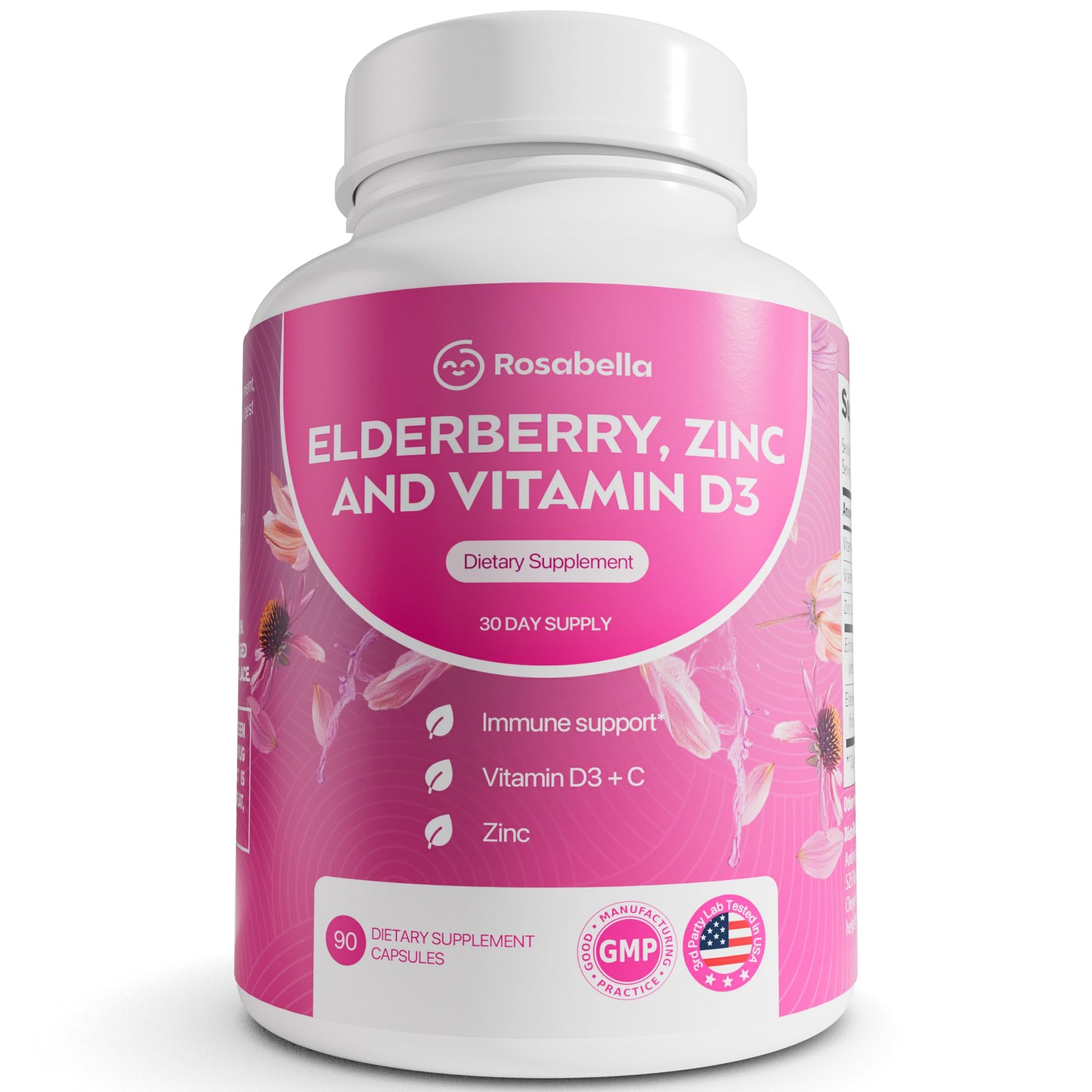 Rosabella Elderberry, Zinc & Vitamin D3 Capsules 90 Count