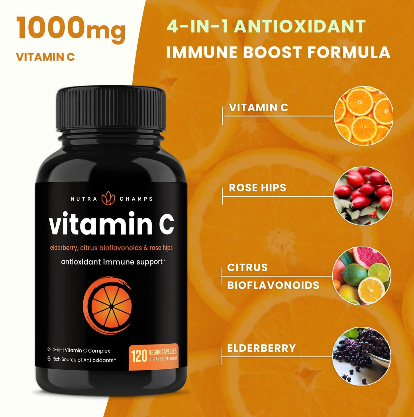 NutraChamps Vitamin C with Rose Hips and Elderberry & Citrus Bioflavonoids 120 Capsules