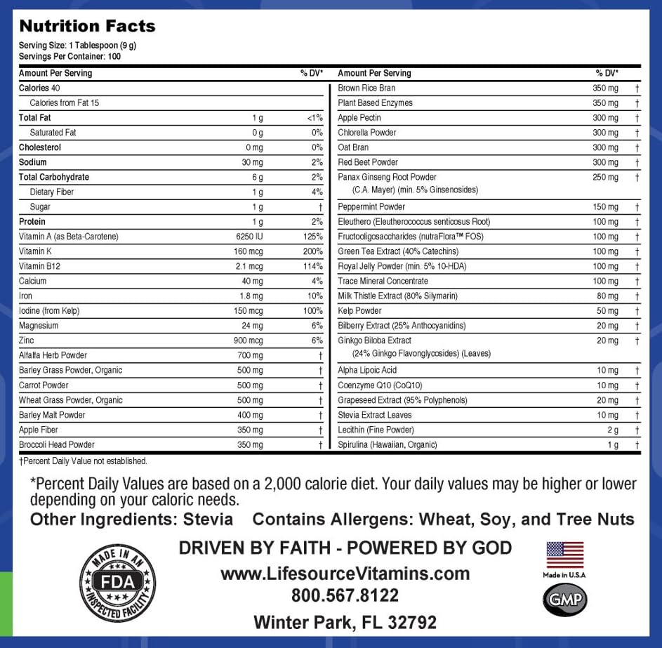 LifeSource Vitamins Phyto Green Mega-Food Powder 32-Count