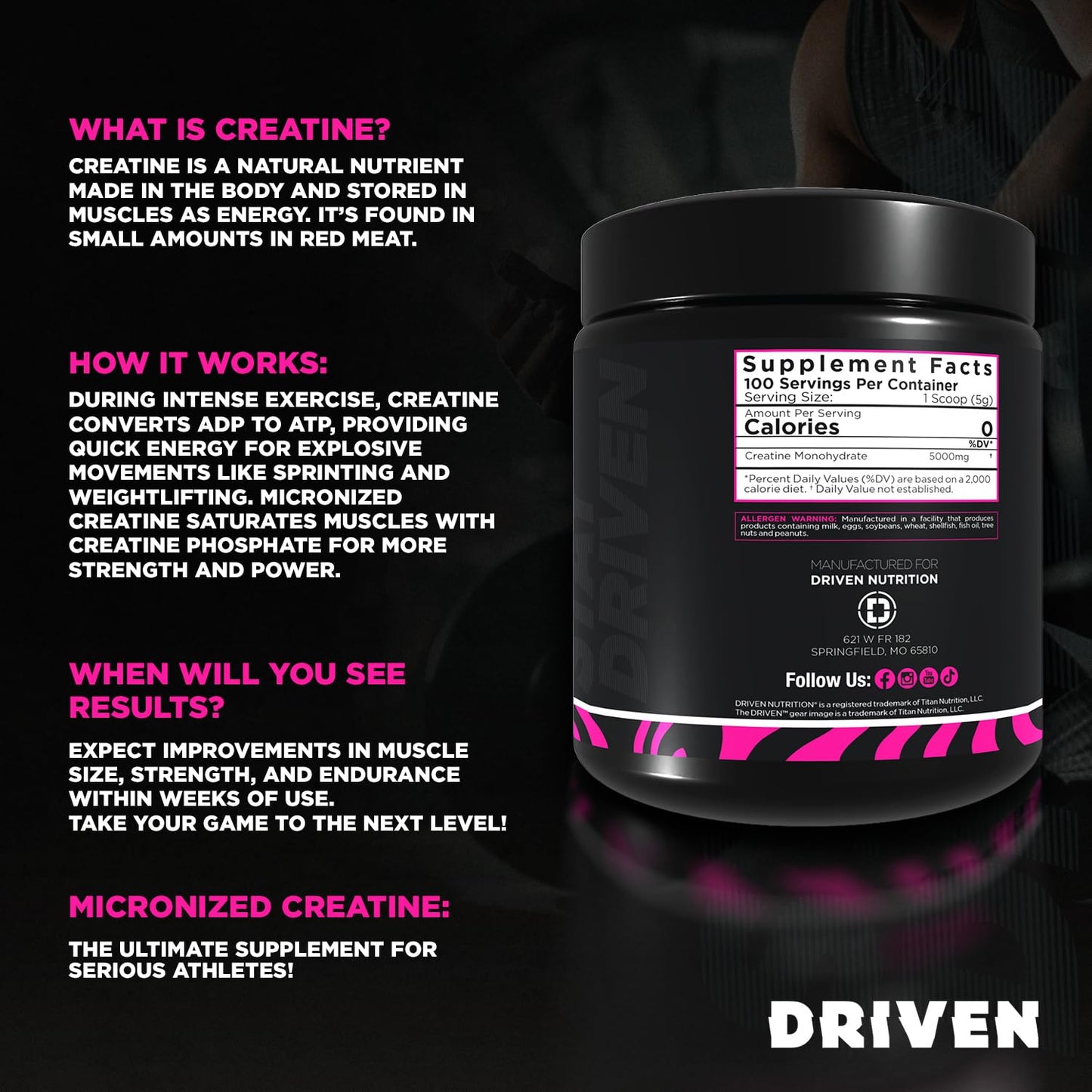 Driven Nutrition Micronized Creatine Monohydrate Powder, 17.5 oz