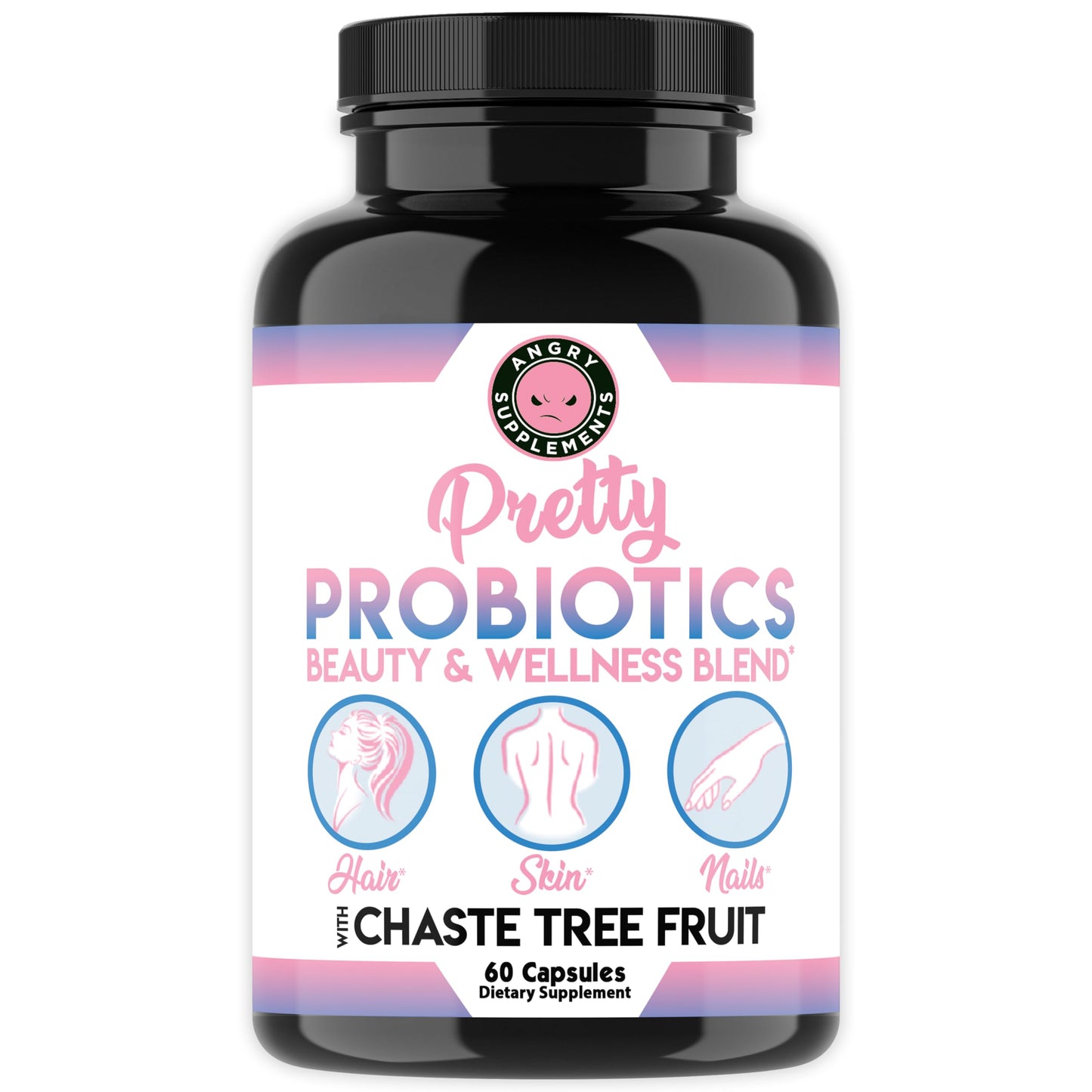 Angry Supplements Pretty Probiotics for Women – Beauty & Wellness Blend to Support Hair, Skin, Nail & Gut Health: Zinc, Chaste Tree Fruit, Bifidobacterium & Lactobacillus – 60 Capsules
