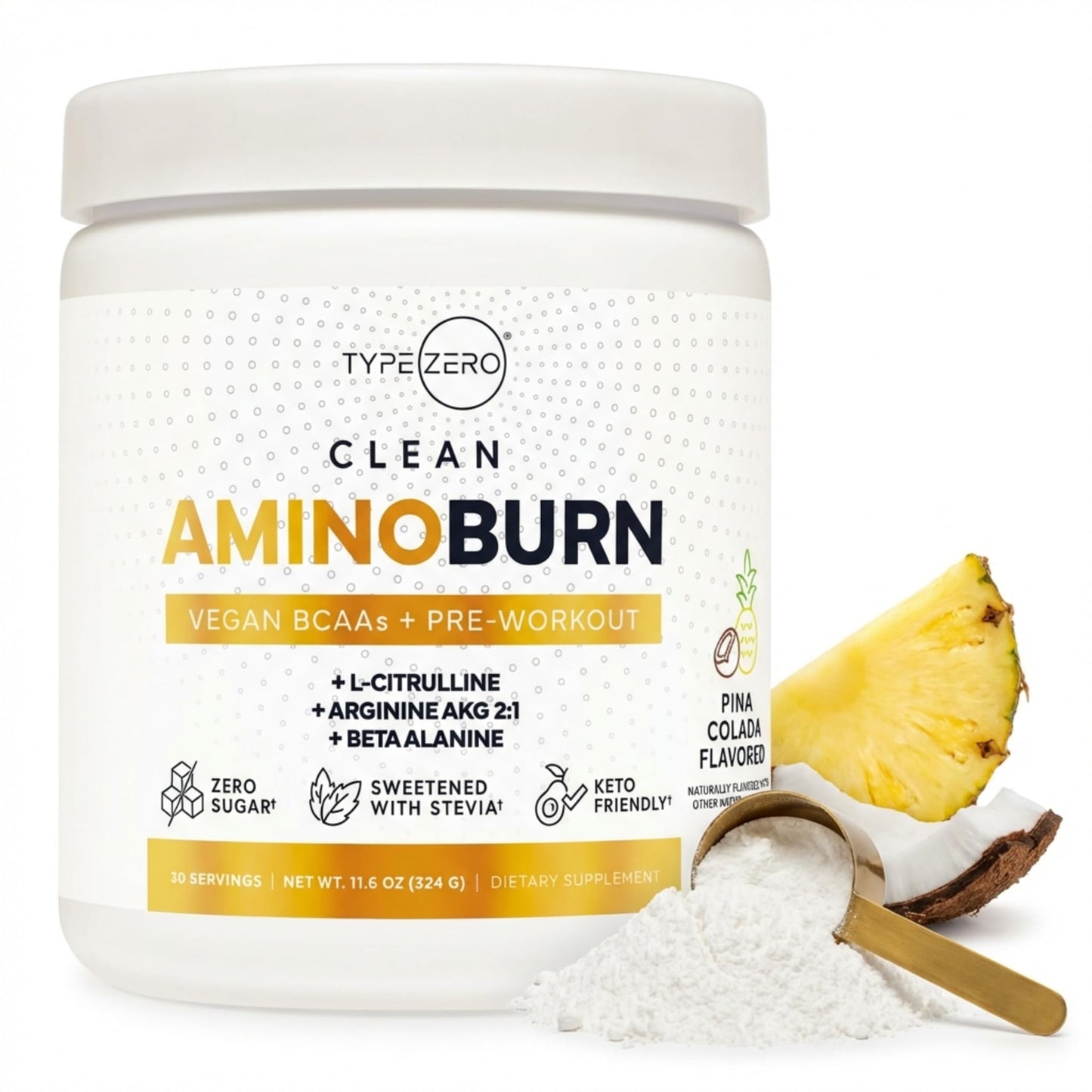 Type Zero Amino Burn Vegan BCAAs + Pre-Workout Pina Colada Flavored Powder 11.6 Ounce