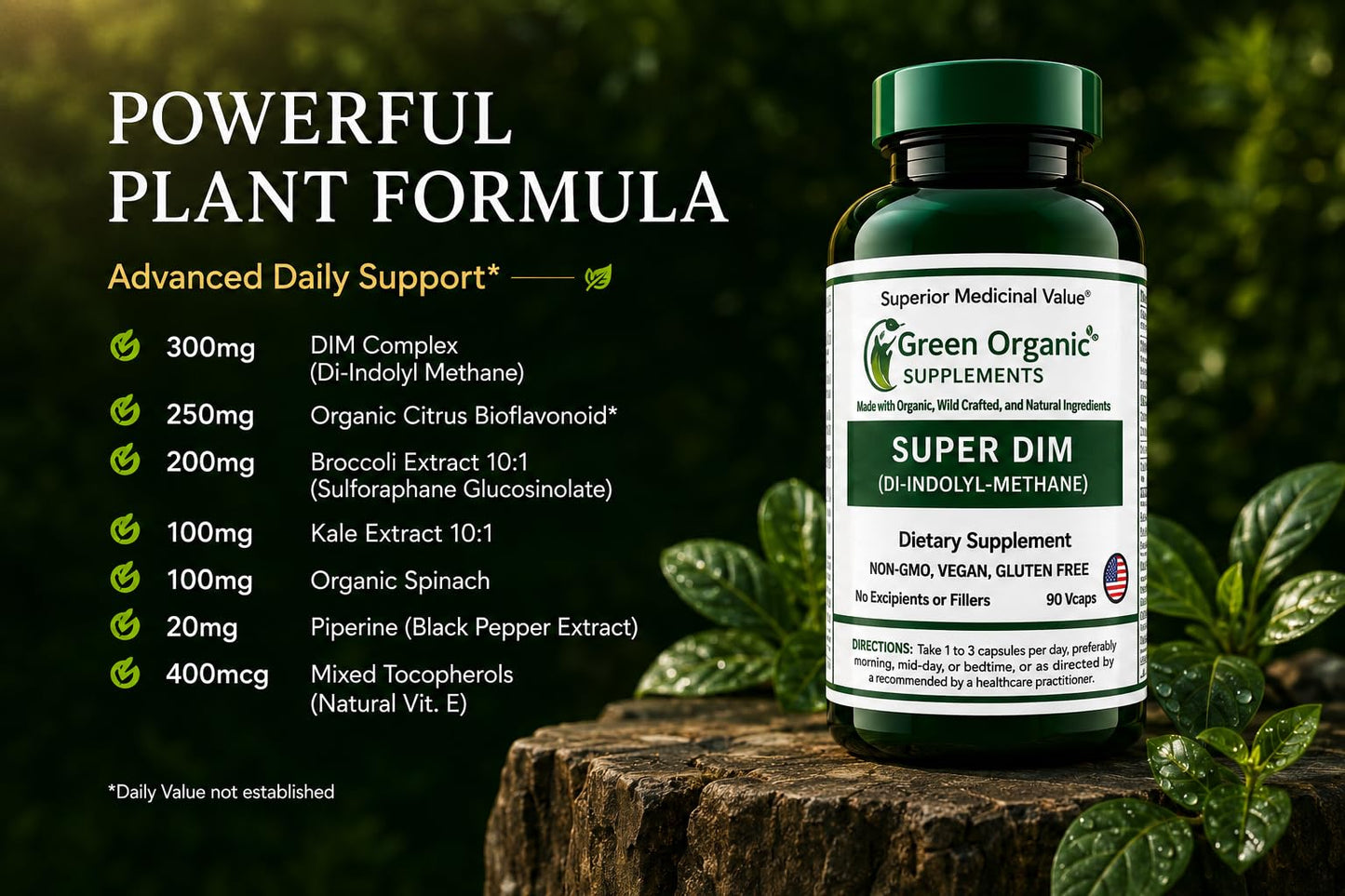 Green Organic Supplements DIM, Diindolylmethane, Indole-3-Carbinol, Broccoli 90 Capsules