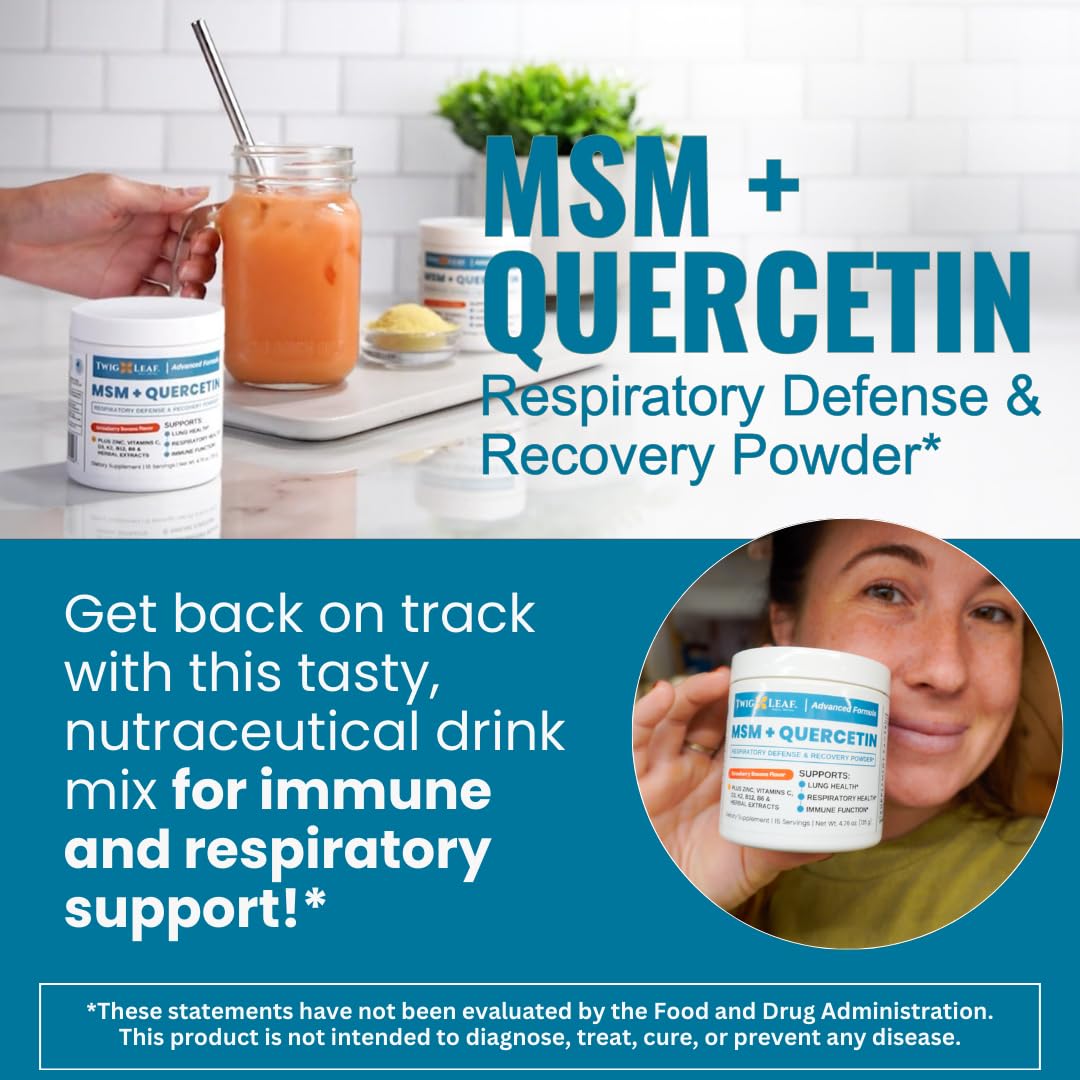 Twig & Leaf MSM + Quercetin Powder with Vitamin C & Zinc (Strawberry Banana) Immune System Support Supplement for Respiratory Health & Lung Function Natural Defense & Recovery Complex, Powder, 4.76 oz