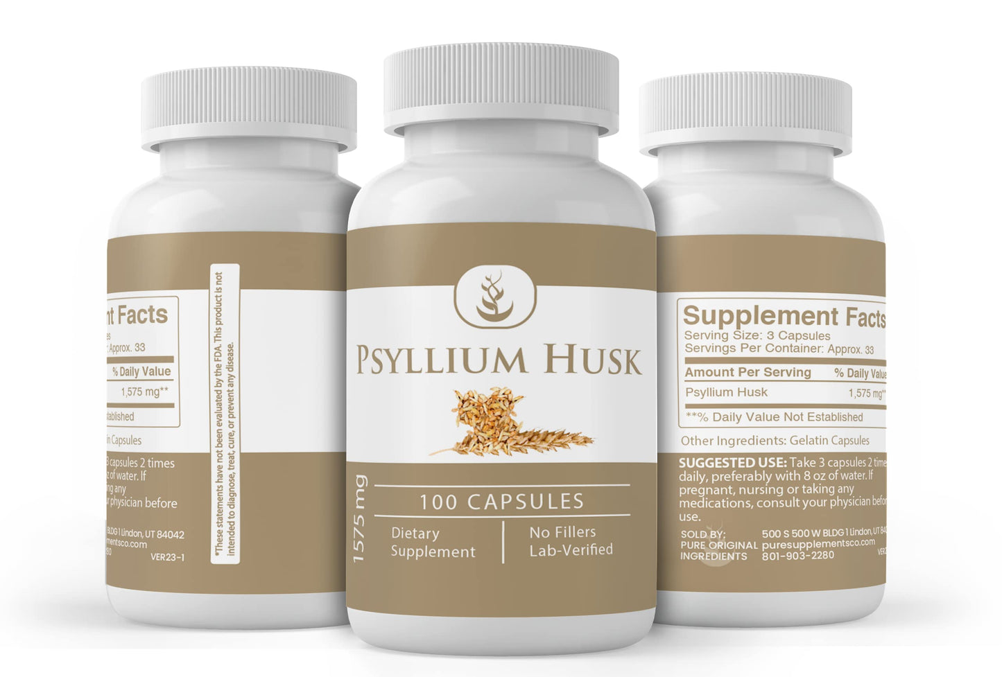 PURE ORIGINAL INGREDIENTS Psyllium Husk Capsules 100 Count