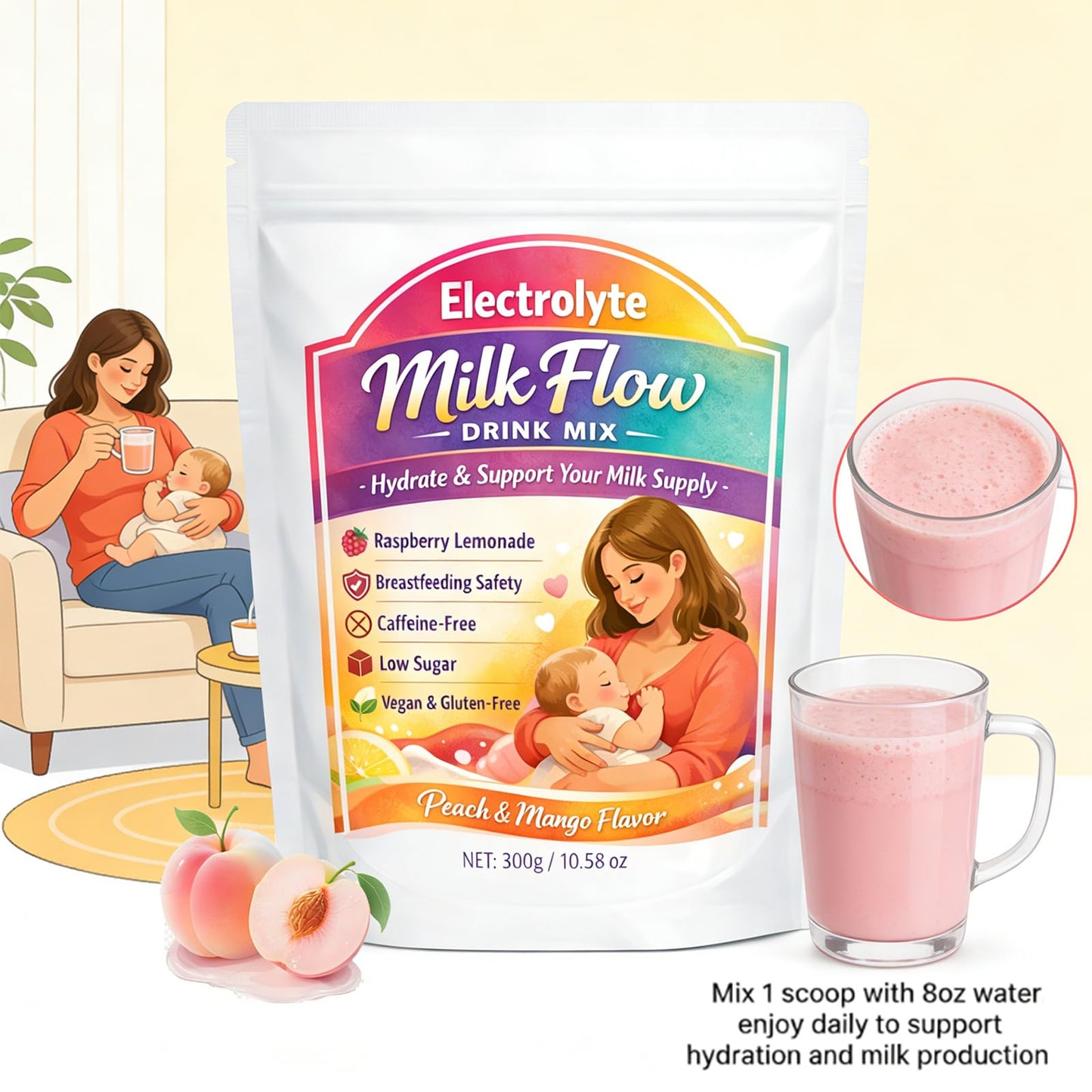 Roreiye Electrolyte Milk Powder Raspberry Peach Flavor for Breastfeeding Moms, 10.58 oz