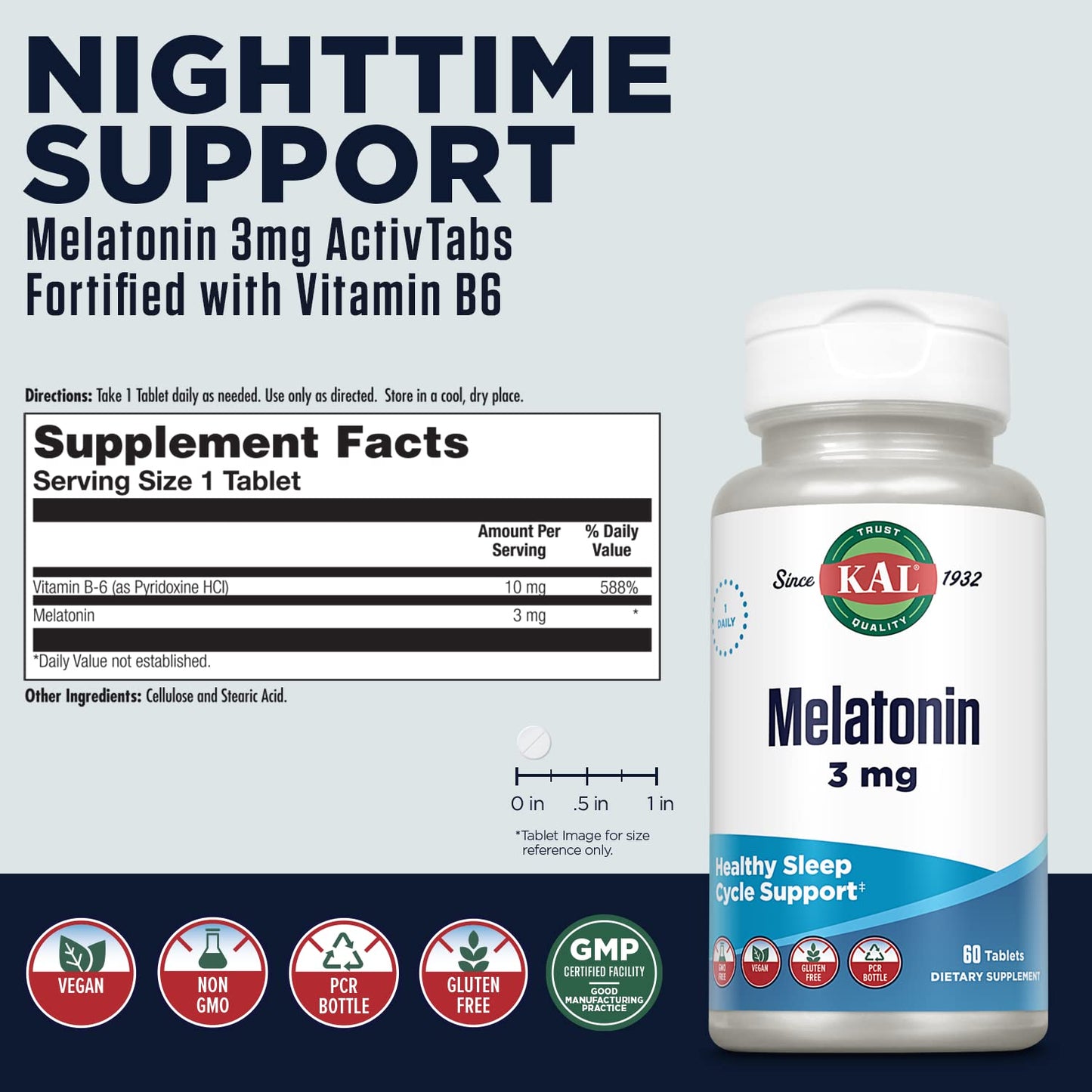 KAL Melatonin 3mg Sleep Aid Tablets, 60 Count