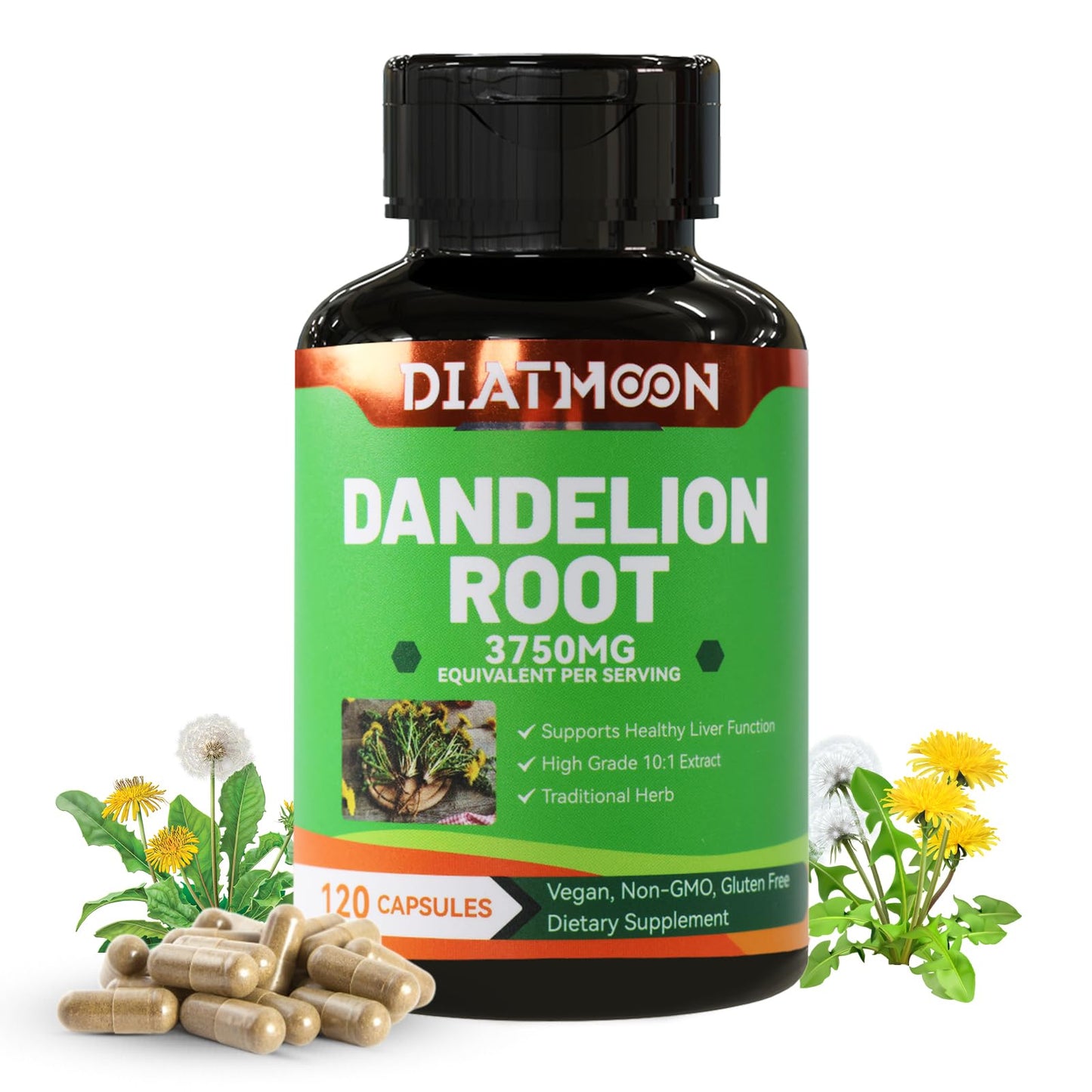 DIATMOON Dandelion Root Supplement 3750mg Capsules 120 Count
