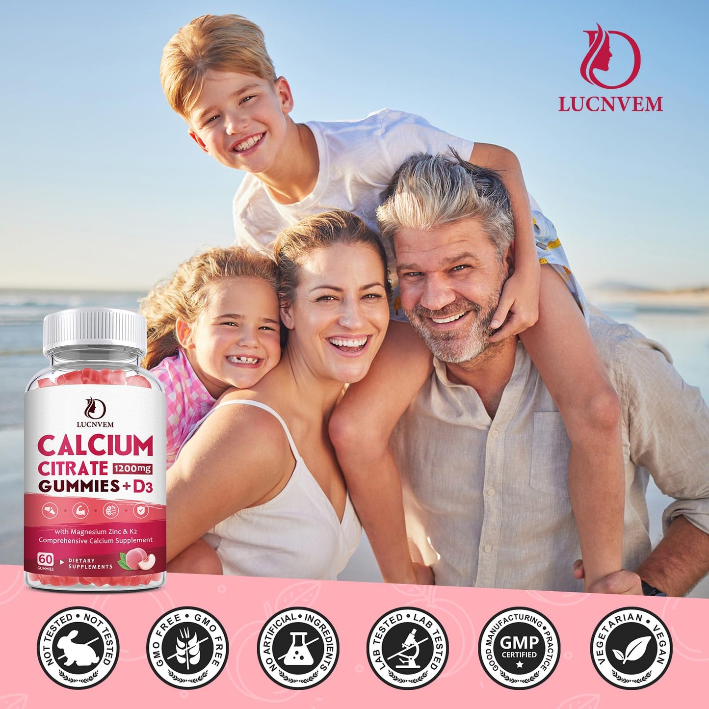 LUCNVEM Calcium Citrate 1200mg with Vitamin D3 Gummies Peach Flavor, 180 Gummies