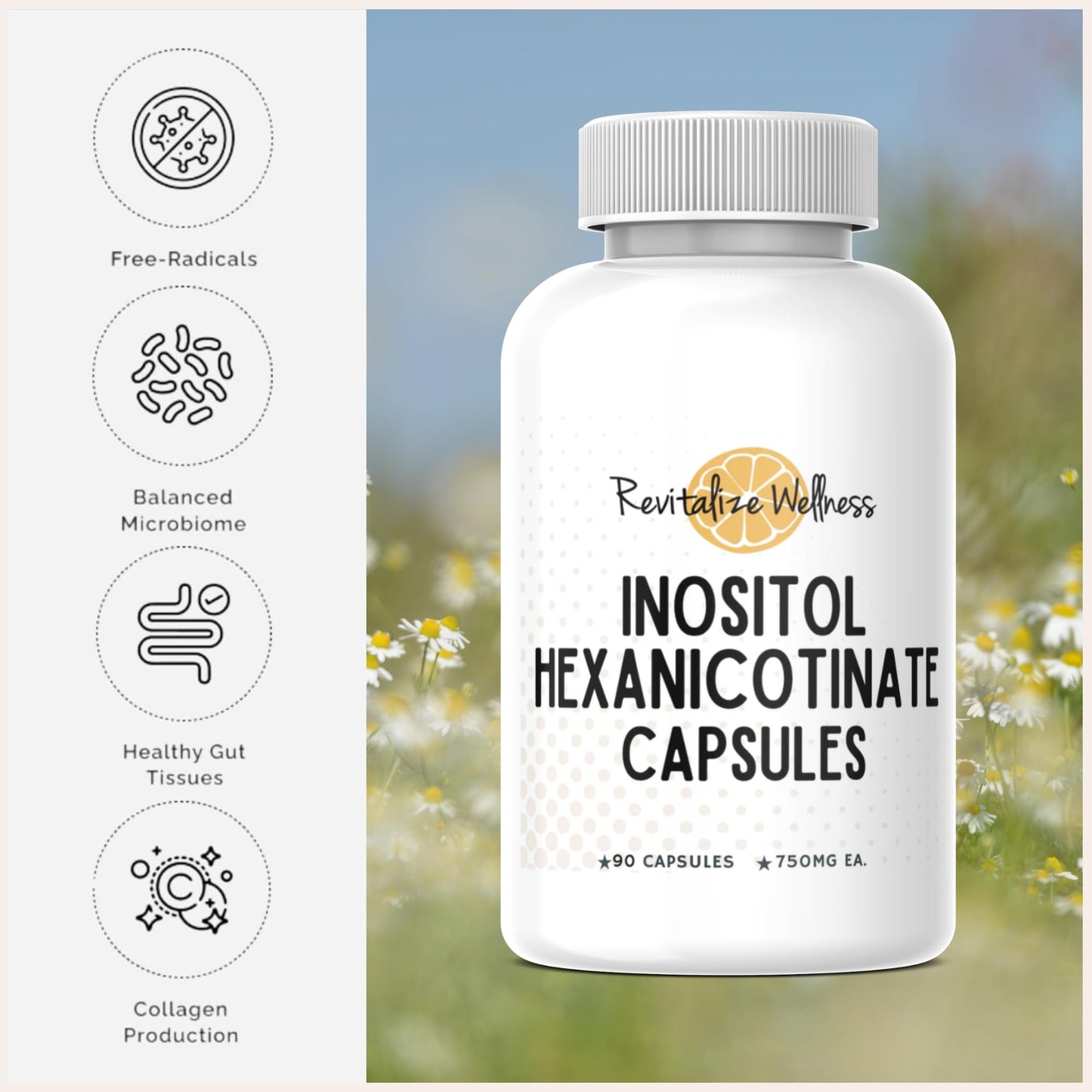 Revitalize Wellness Niacin Capsules Inositol Hexanicotinate, 90 Capsules
