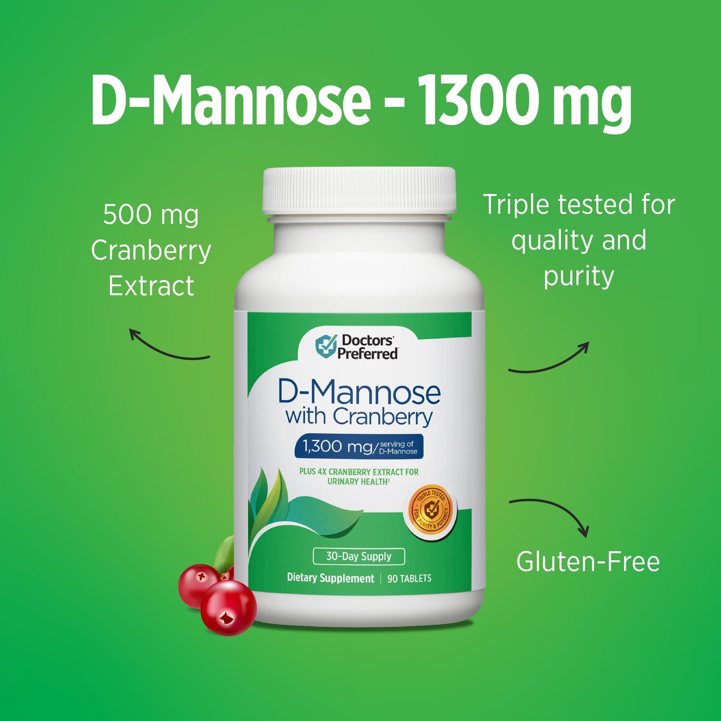 DOCTORS' PREFERRED D-Mannose 1300mg with Cranberry Extract for Urinary Health 90 Tablets