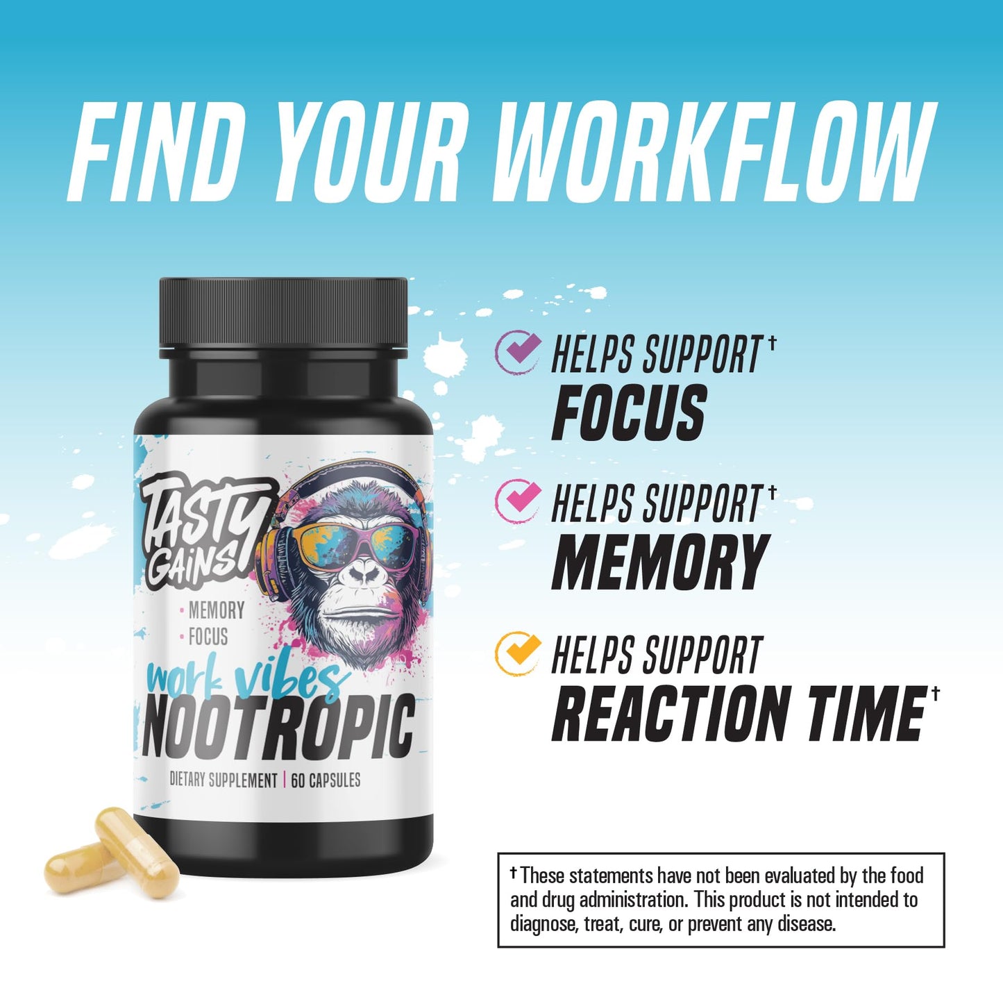 TASTY GAINS Nootropic Brain Supplement for Memory and Focus with L-Theanine, Rhodiola Rosea & Phosphatidylserine - Memory, Mental Clarity & Cognitive Improvement, 60 Capsules