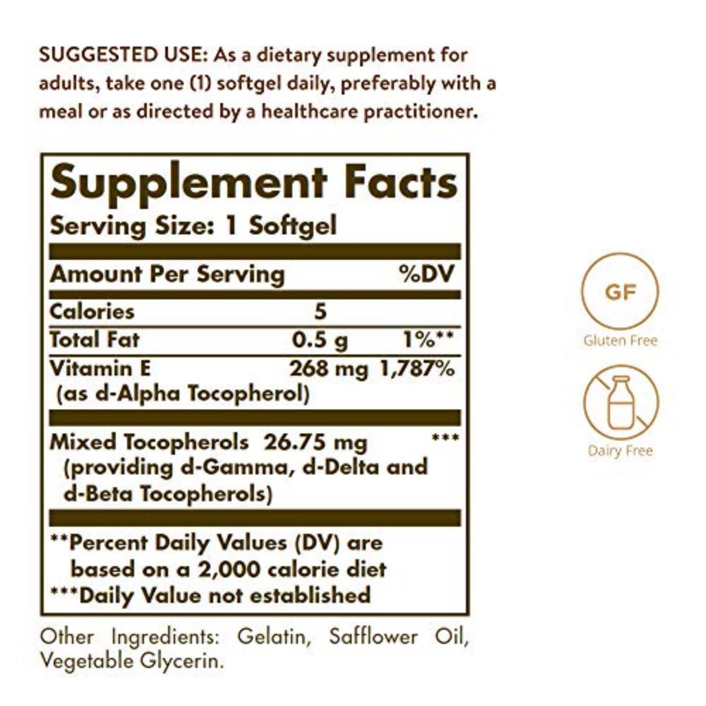 Solgar Vitamin E 268 mg (400 IU) d-Alpha Tocopherol & Mixed Tocopherols Softgels, 100 Count