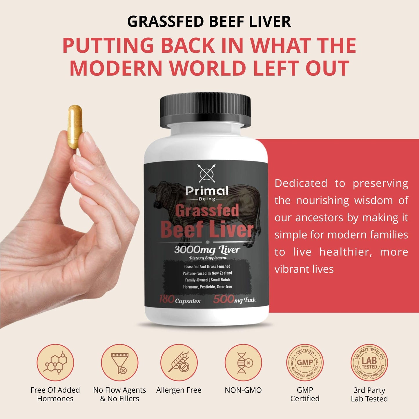 Primal Being Grassfed Beef Liver 3000mg Freeze-Dried Capsules, 180 Count